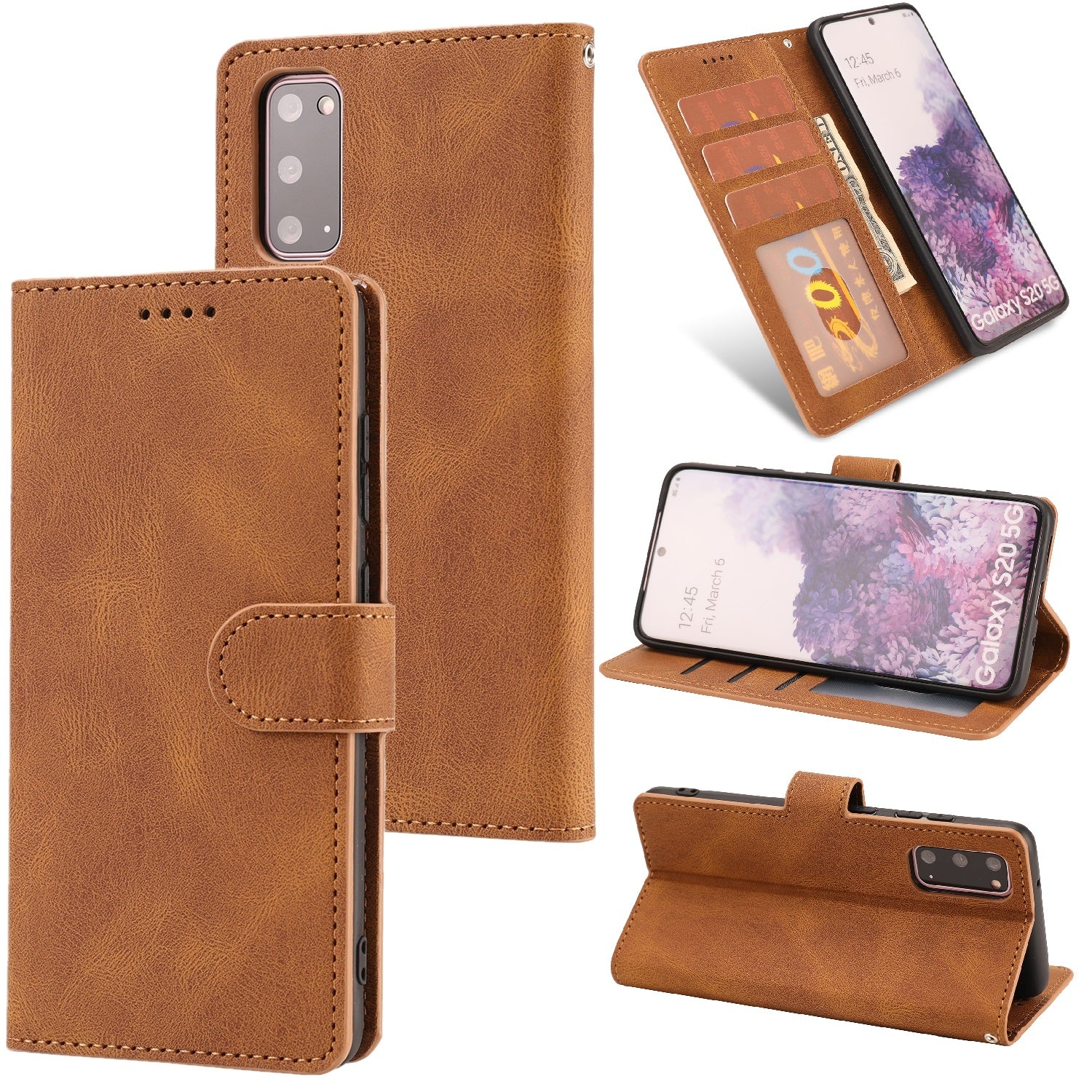 TPU + PU Leather Phone Protective Shell with Wallet and Stand for Samsung Galaxy S20 4G/S20 5G - Light Brown