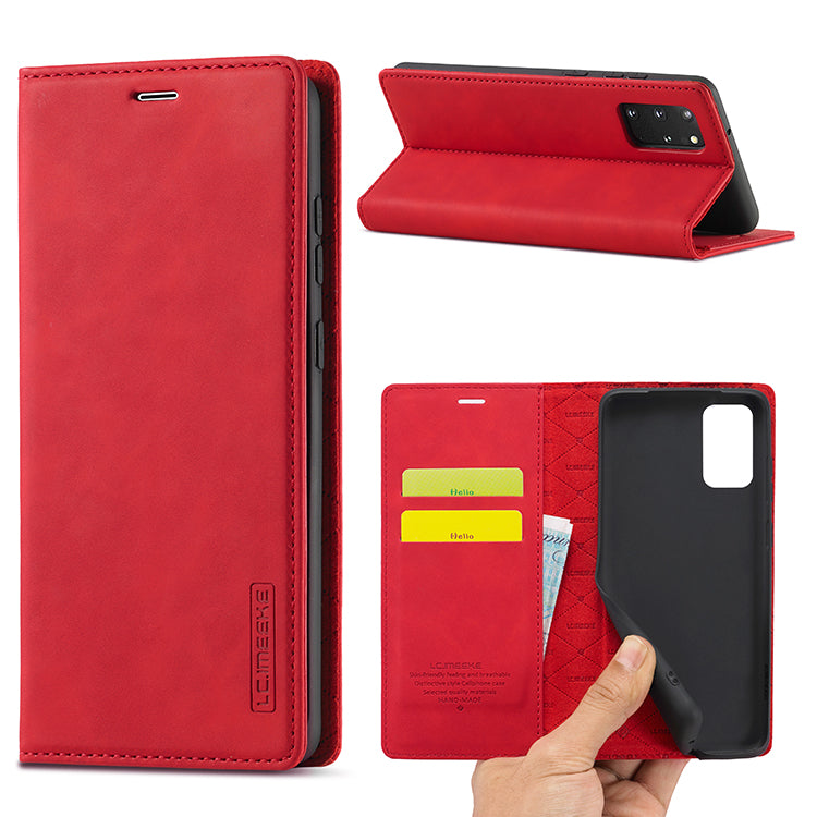 LC.IMEEKE Auto-Absorbed Leather Wallet Stand Phone Protective Shell with Wallet Stand for Samsung Galaxy S20 Plus/S20 Plus 5G - Red