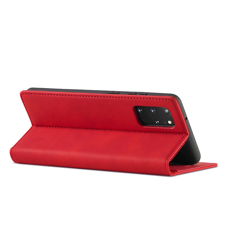 LC.IMEEKE Auto-Absorbed Leather Wallet Stand Phone Protective Shell with Wallet Stand for Samsung Galaxy S20 Plus/S20 Plus 5G - Red