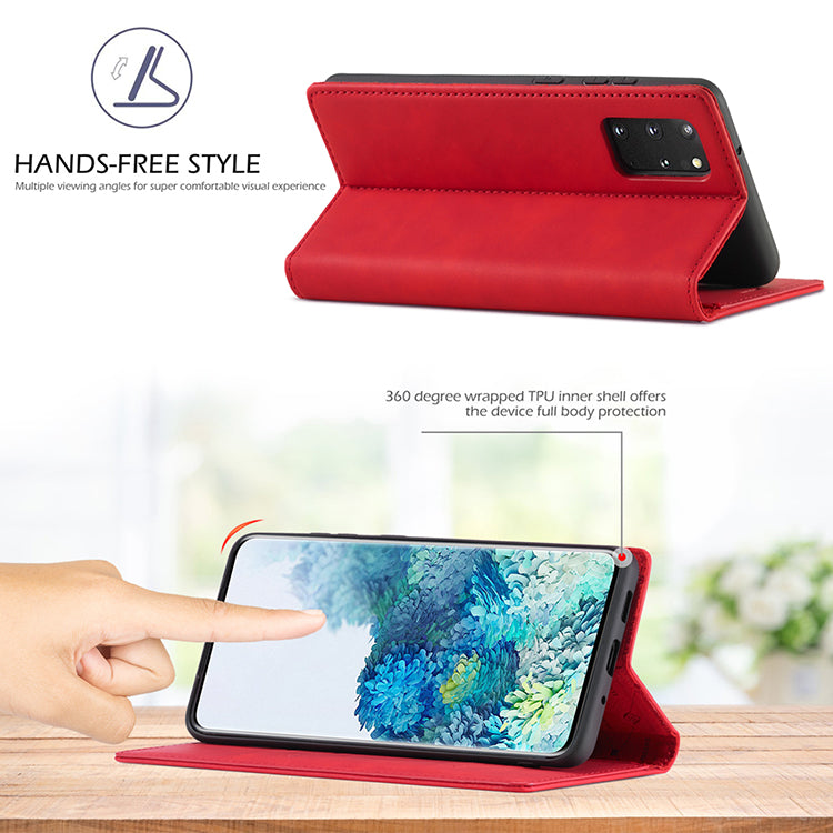 LC.IMEEKE Auto-Absorbed Leather Wallet Stand Phone Protective Shell with Wallet Stand for Samsung Galaxy S20 Plus/S20 Plus 5G - Red