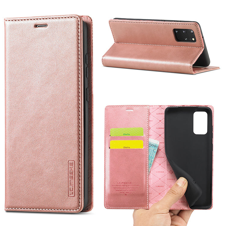 LC.IMEEKE Auto-Absorbed Leather Wallet Stand Phone Protective Shell with Wallet Stand for Samsung Galaxy S20 Plus/S20 Plus 5G - Rose Gold