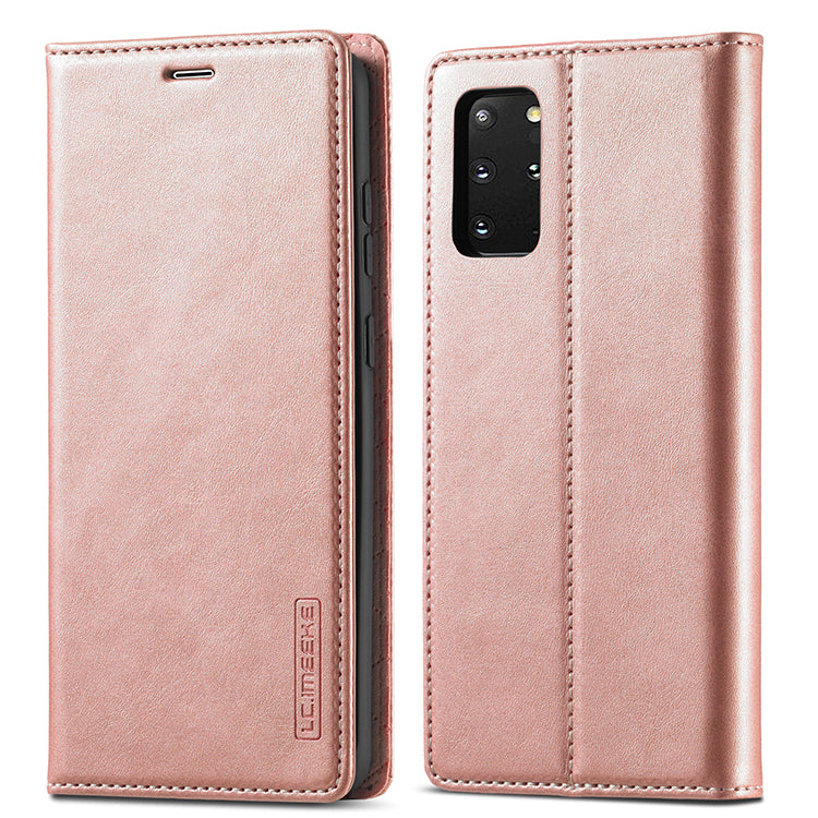 LC.IMEEKE Auto-Absorbed Leather Wallet Stand Phone Protective Shell with Wallet Stand for Samsung Galaxy S20 Plus/S20 Plus 5G - Rose Gold