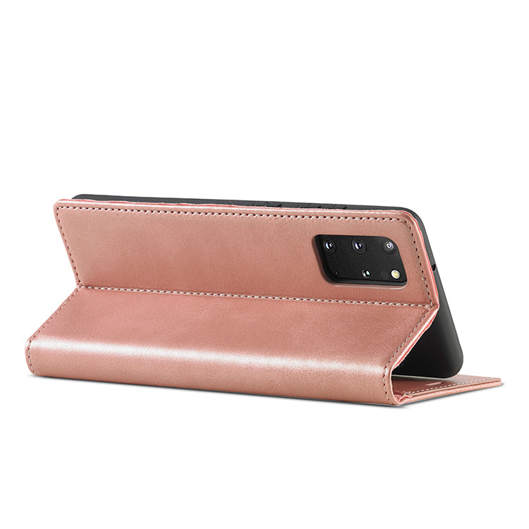 LC.IMEEKE Auto-Absorbed Leather Wallet Stand Phone Protective Shell with Wallet Stand for Samsung Galaxy S20 Plus/S20 Plus 5G - Rose Gold