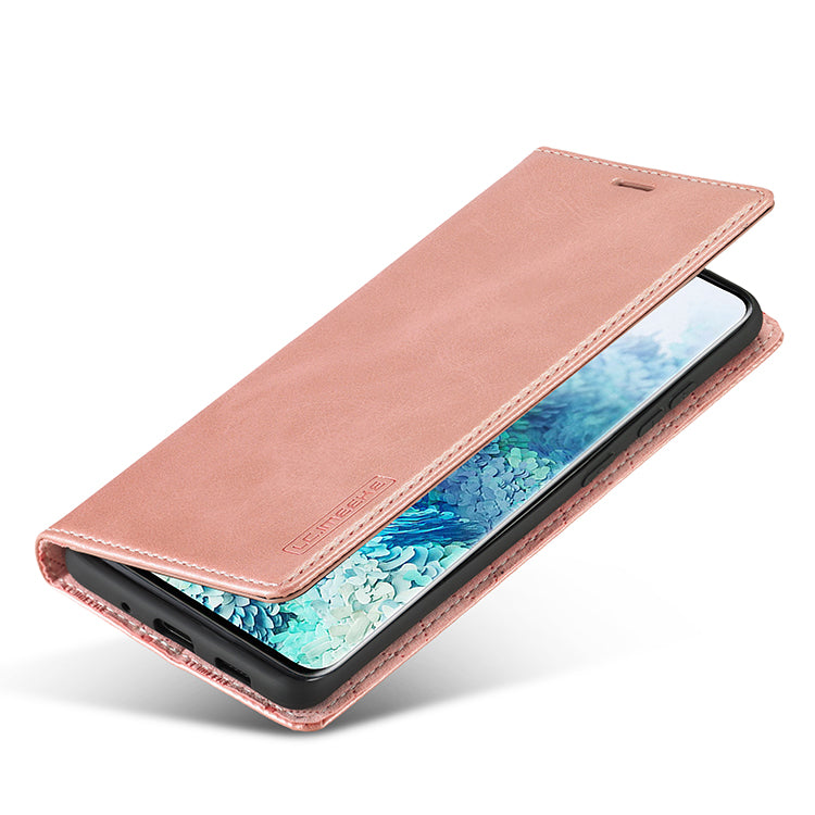 LC.IMEEKE Auto-Absorbed Leather Wallet Stand Phone Protective Shell with Wallet Stand for Samsung Galaxy S20 Plus/S20 Plus 5G - Rose Gold