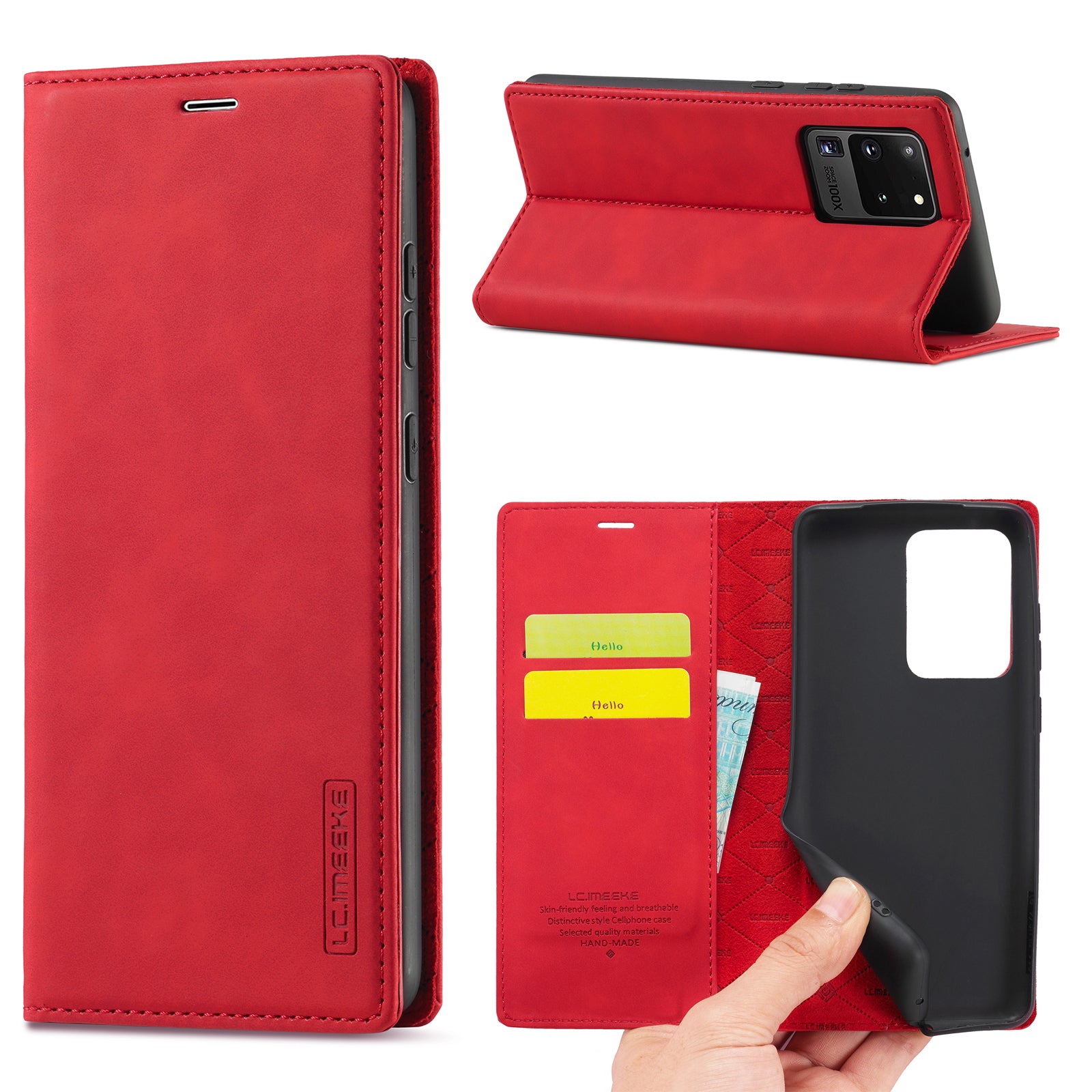 LC.IMEEKE LC Strong Magnetic Series Leather Wallet Phone Protective Shell for Samsung Galaxy S20 Ultra - Red