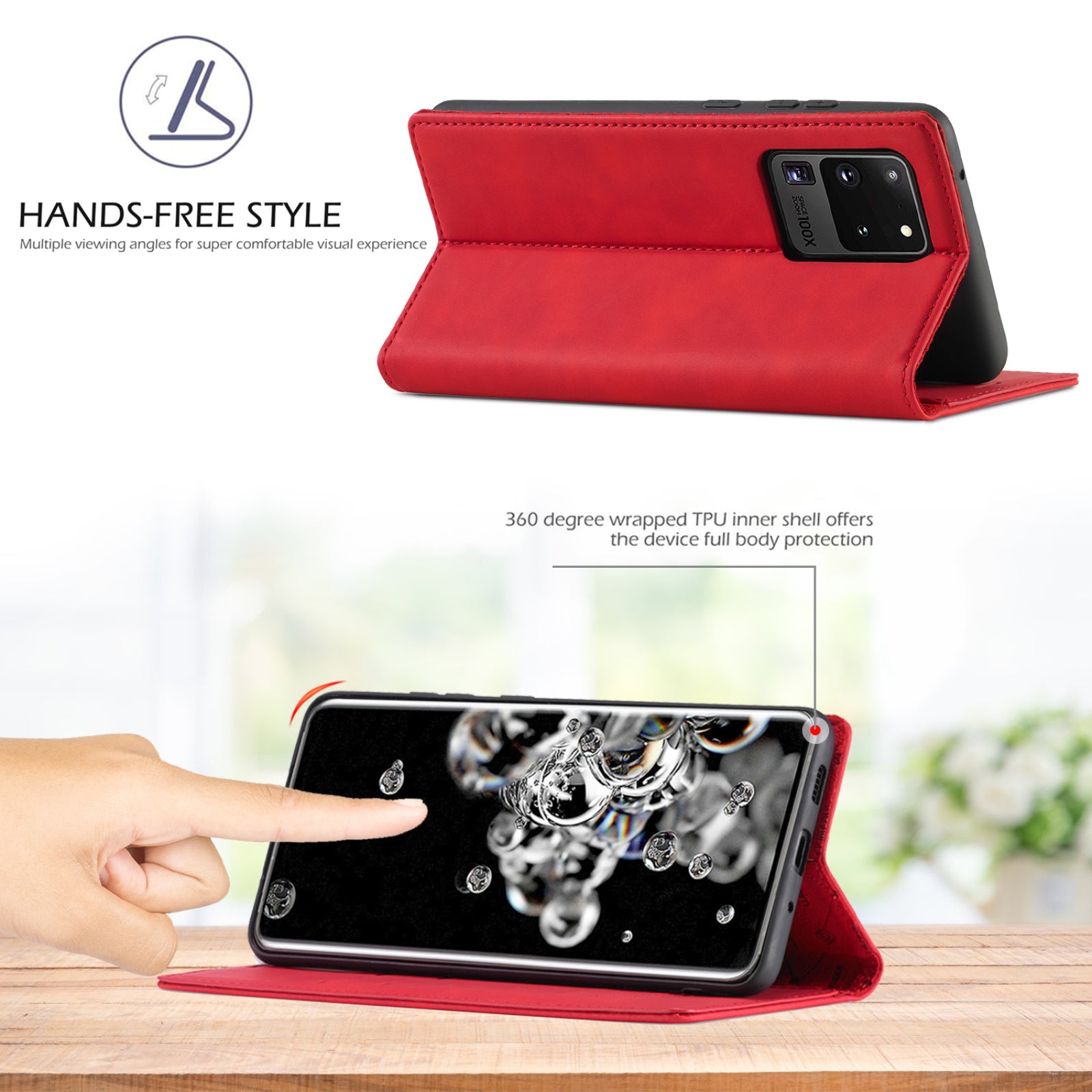 LC.IMEEKE LC Strong Magnetic Series Leather Wallet Phone Protective Shell for Samsung Galaxy S20 Ultra - Red