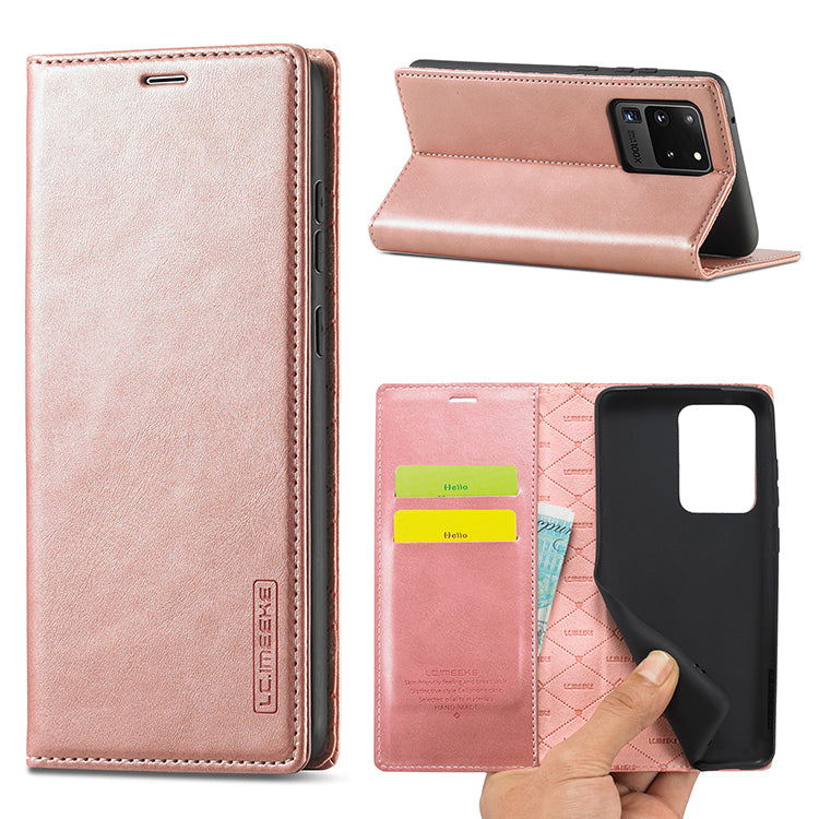 LC.IMEEKE LC Strong Magnetic Series Leather Wallet Phone Protective Shell for Samsung Galaxy S20 Ultra - Rose Gold