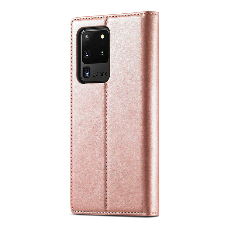 LC.IMEEKE LC Strong Magnetic Series Leather Wallet Phone Protective Shell for Samsung Galaxy S20 Ultra - Rose Gold