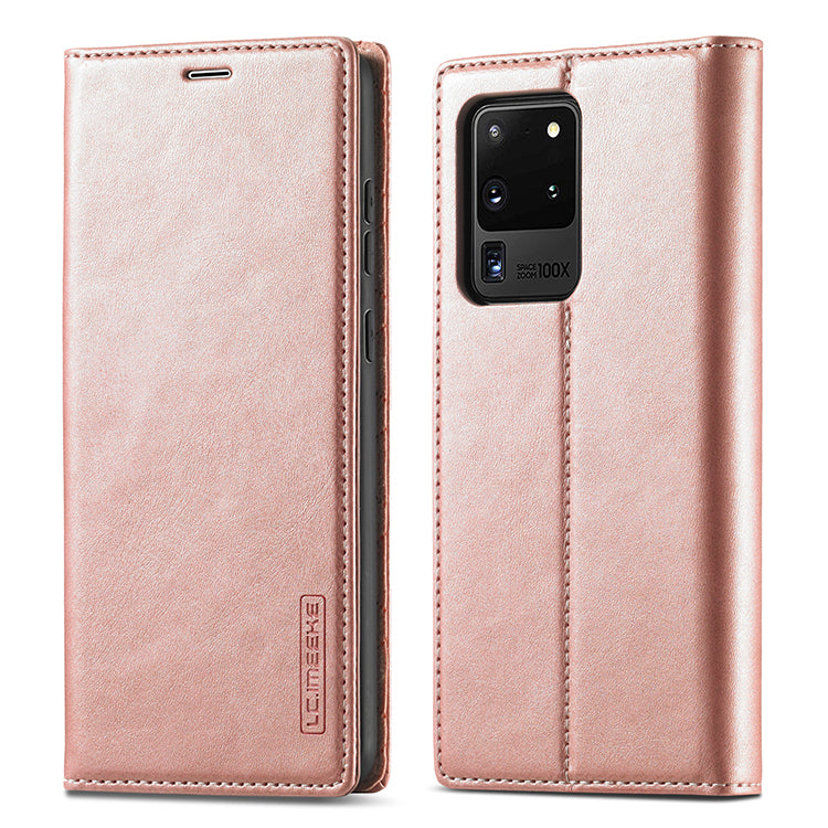 LC.IMEEKE LC Strong Magnetic Series Leather Wallet Phone Protective Shell for Samsung Galaxy S20 Ultra - Rose Gold