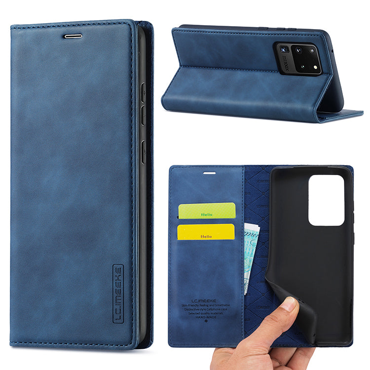 LC.IMEEKE LC Strong Magnetic Series Leather Wallet Phone Protective Shell for Samsung Galaxy S20 Ultra - Blue