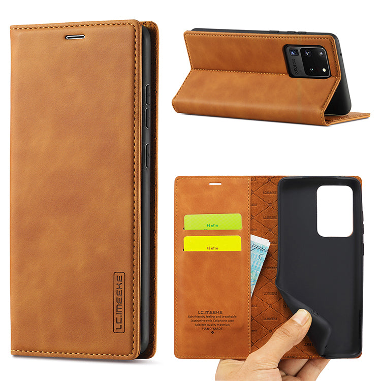 LC.IMEEKE LC Strong Magnetic Series Leather Wallet Phone Protective Shell for Samsung Galaxy S20 Ultra - Brown