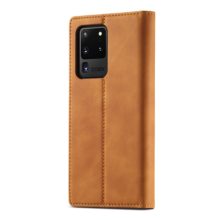 LC.IMEEKE LC Strong Magnetic Series Leather Wallet Phone Protective Shell for Samsung Galaxy S20 Ultra - Brown