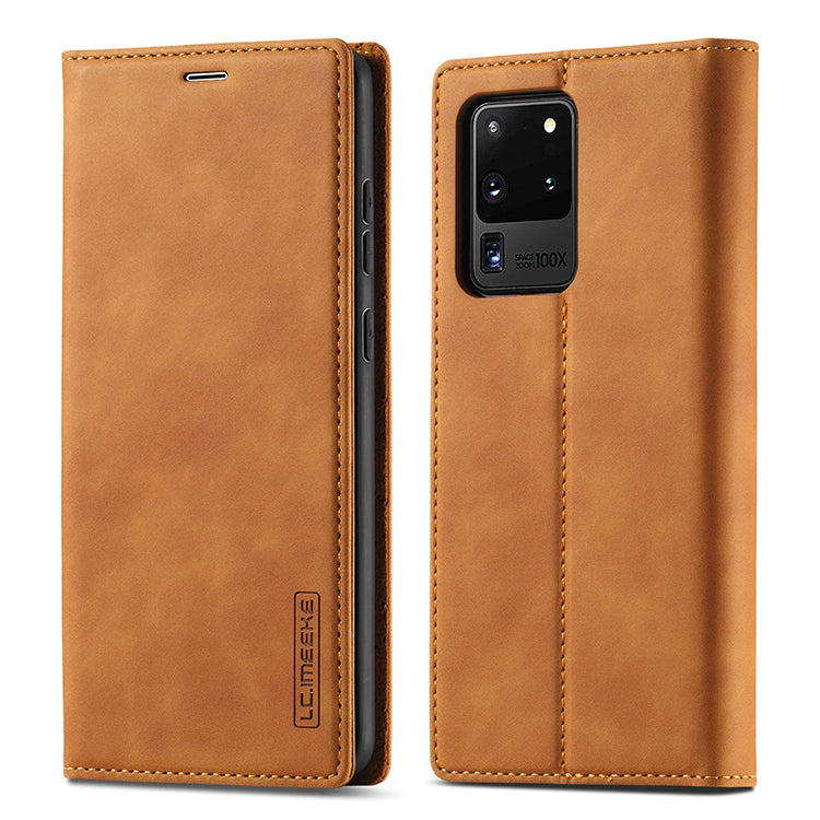 LC.IMEEKE LC Strong Magnetic Series Leather Wallet Phone Protective Shell for Samsung Galaxy S20 Ultra - Brown