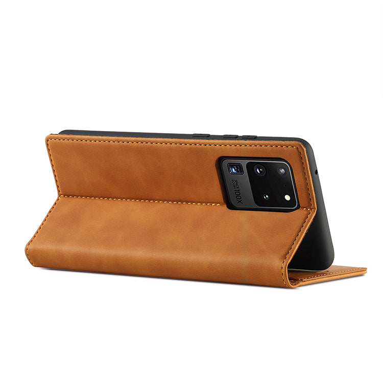 LC.IMEEKE LC Strong Magnetic Series Leather Wallet Phone Protective Shell for Samsung Galaxy S20 Ultra - Brown