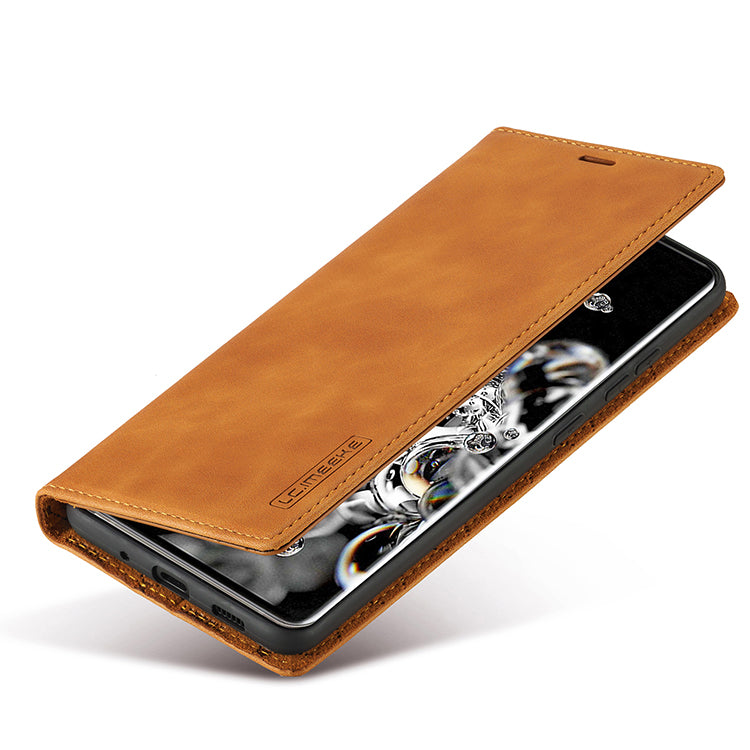 LC.IMEEKE LC Strong Magnetic Series Leather Wallet Phone Protective Shell for Samsung Galaxy S20 Ultra - Brown