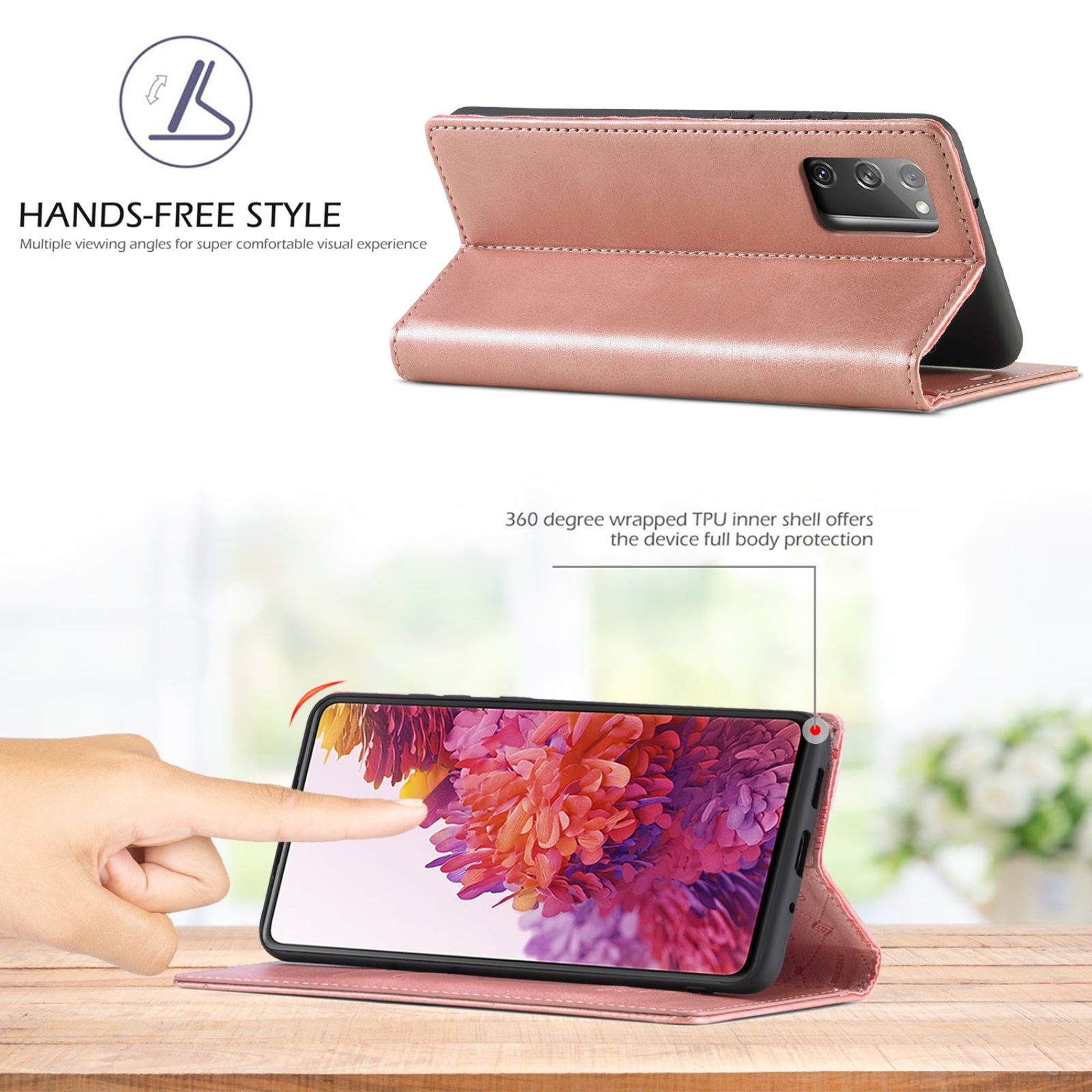 LC.IMEEKE for Samsung Galaxy S20 FE/S20 Fan Edition/S20 FE 5G/S20 Fan Edition 5G/S20 Lite/S20 FE 2022 TPU + PU Leather Auto-Absorbed Magnetic Phone Protective Shell - Rose Gold