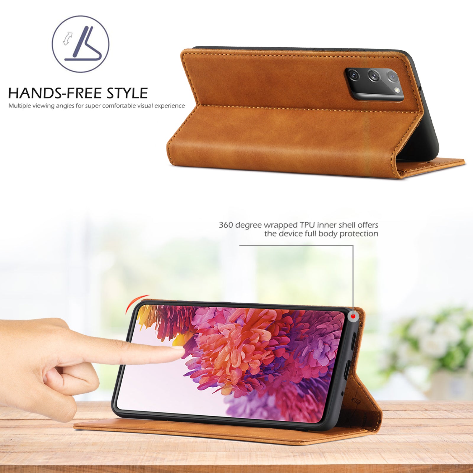 LC.IMEEKE for Samsung Galaxy S20 FE/S20 Fan Edition/S20 FE 5G/S20 Fan Edition 5G/S20 Lite/S20 FE 2022 TPU + PU Leather Auto-Absorbed Magnetic Phone Protective Shell - Light Brown