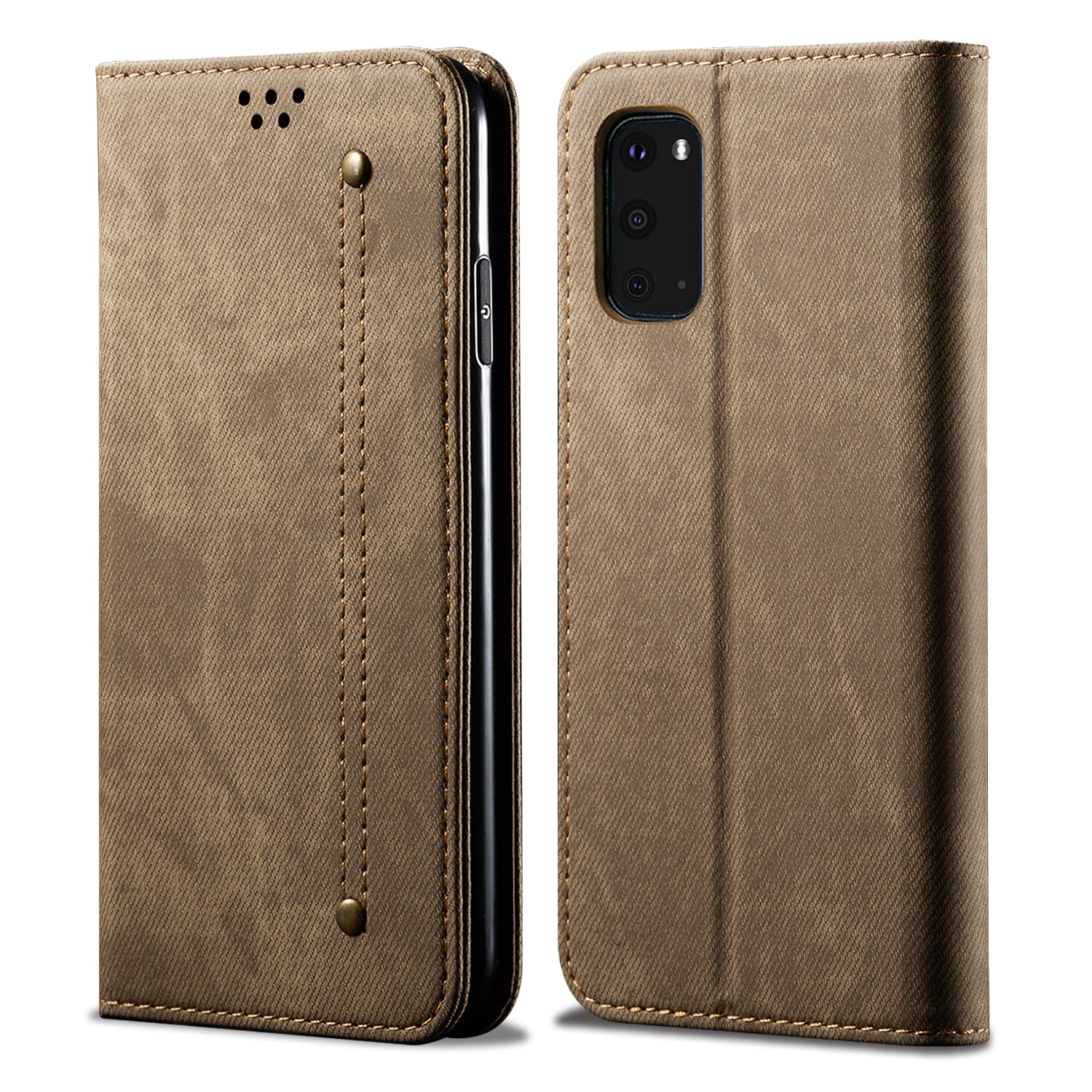 Jeans Cloth Texture TPU + PU Leather Phone Cover Case for Samsung Galaxy S20 FE/S20 FE 5G/S20 Lite/S20 FE 2022 - Khaki