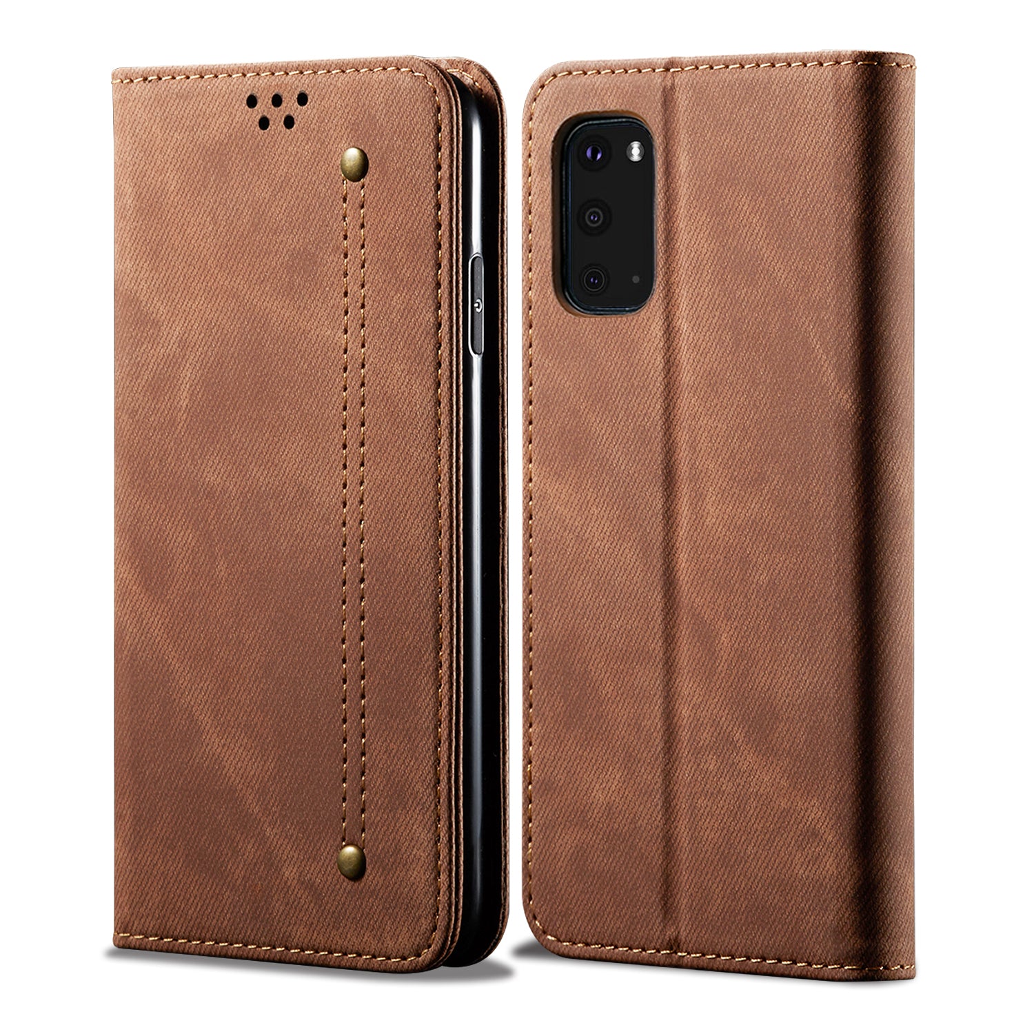 Jeans Cloth Texture TPU + PU Leather Phone Cover Case for Samsung Galaxy S20 FE/S20 FE 5G/S20 Lite/S20 FE 2022 - Brown