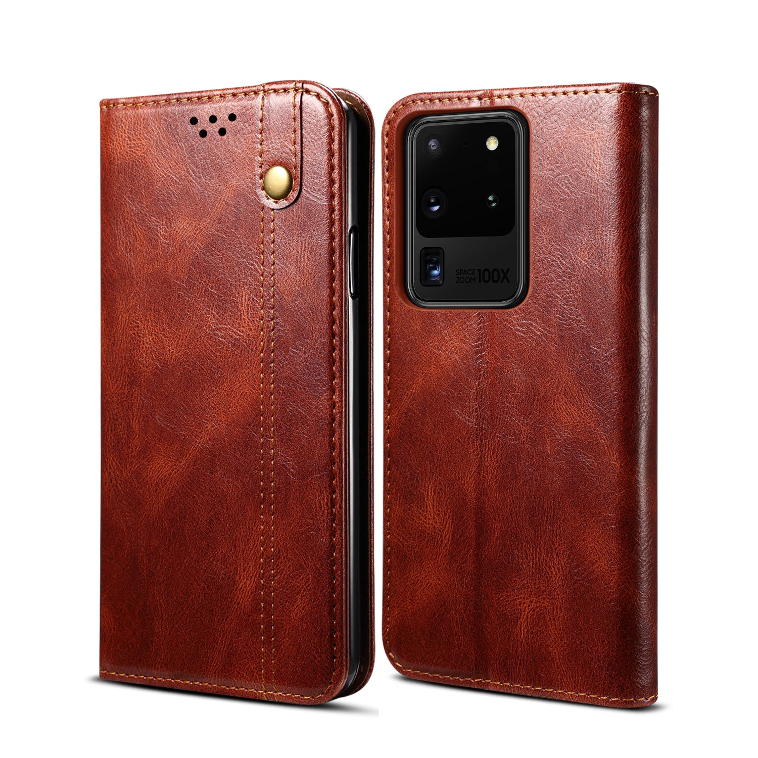 TPU + PU Waxy Crazy Horse Texture Leather Phone Cover Case for Samsung Galaxy S20 Ultra - Brown