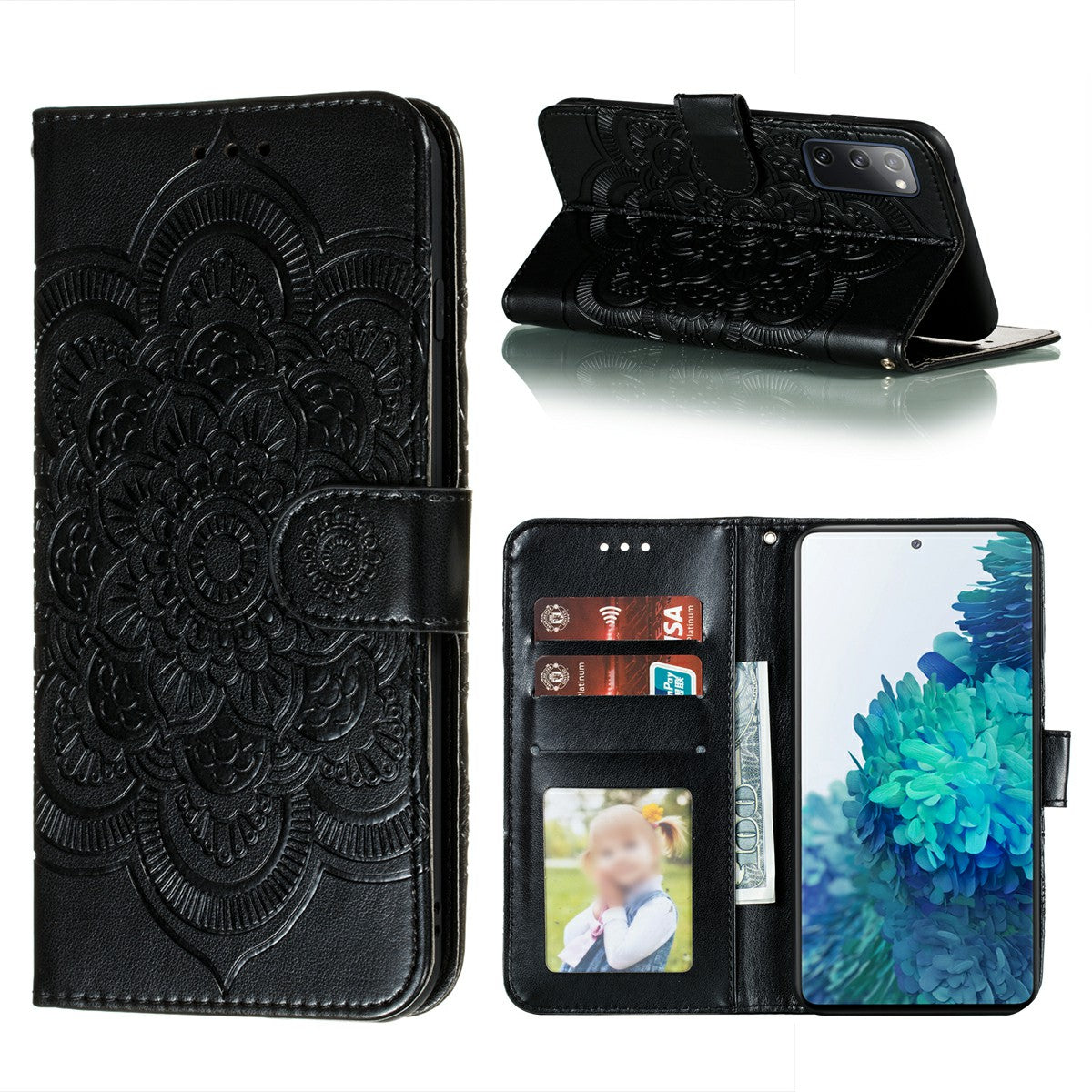 Imprint Mandala Flower Leather Protective Cover for Samsung Galaxy S20 FE/S20 FE 5G/S20 Lite/S20 FE 2022 - Black