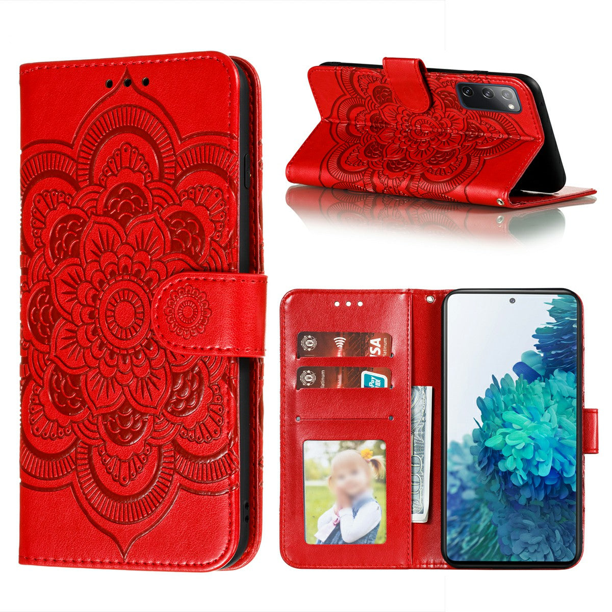 Imprint Mandala Flower Leather Protective Cover for Samsung Galaxy S20 FE/S20 FE 5G/S20 Lite/S20 FE 2022 - Red