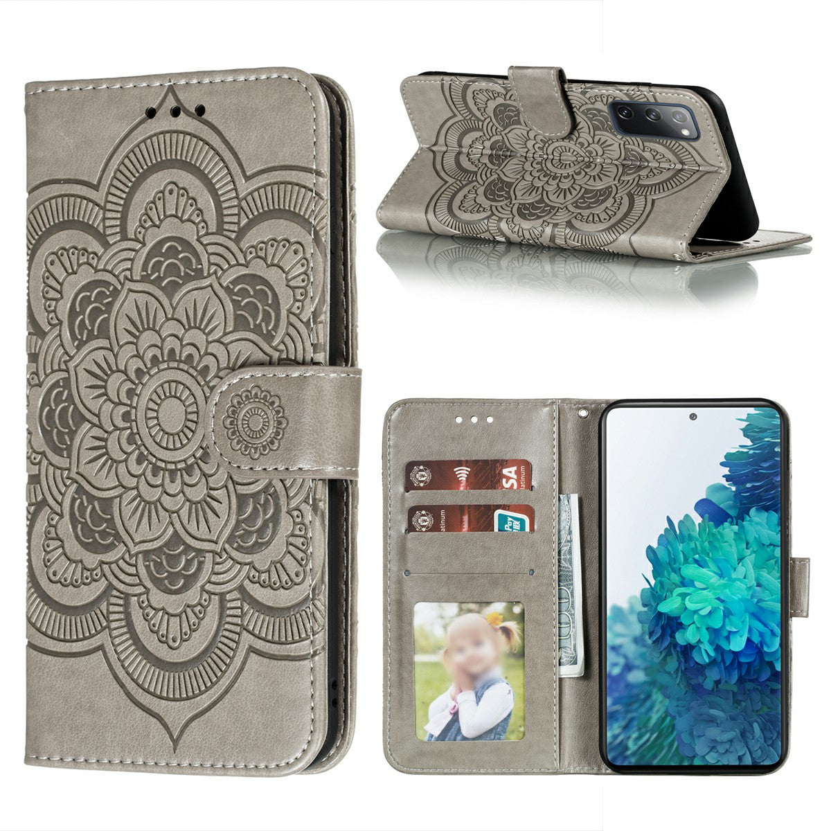 Imprint Mandala Flower Leather Protective Cover for Samsung Galaxy S20 FE/S20 FE 5G/S20 Lite/S20 FE 2022 - Grey