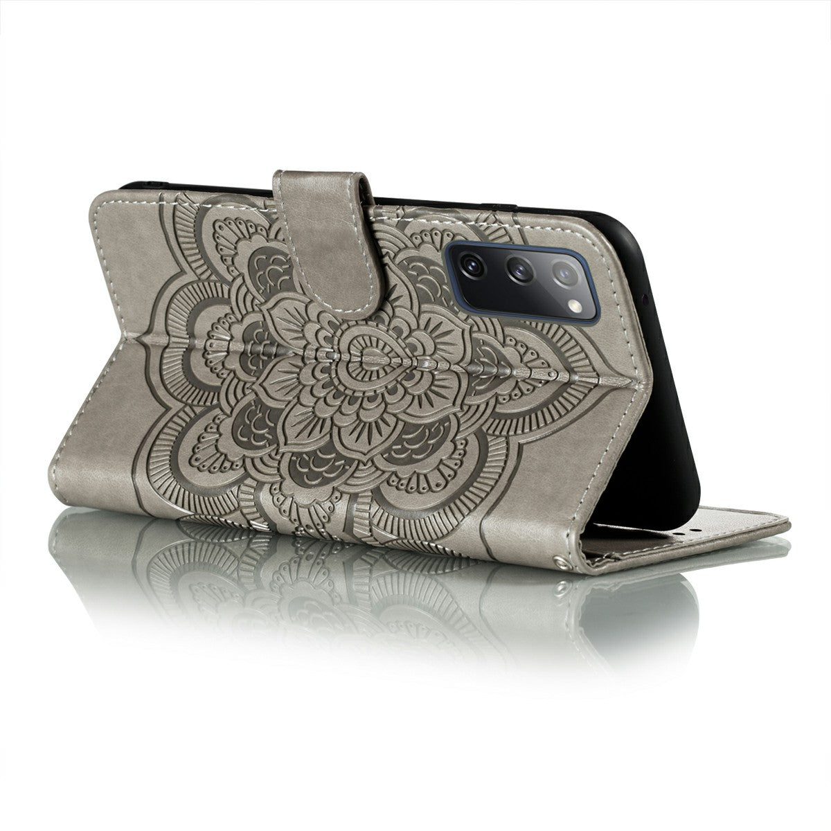 Imprint Mandala Flower Leather Protective Cover for Samsung Galaxy S20 FE/S20 FE 5G/S20 Lite/S20 FE 2022 - Grey