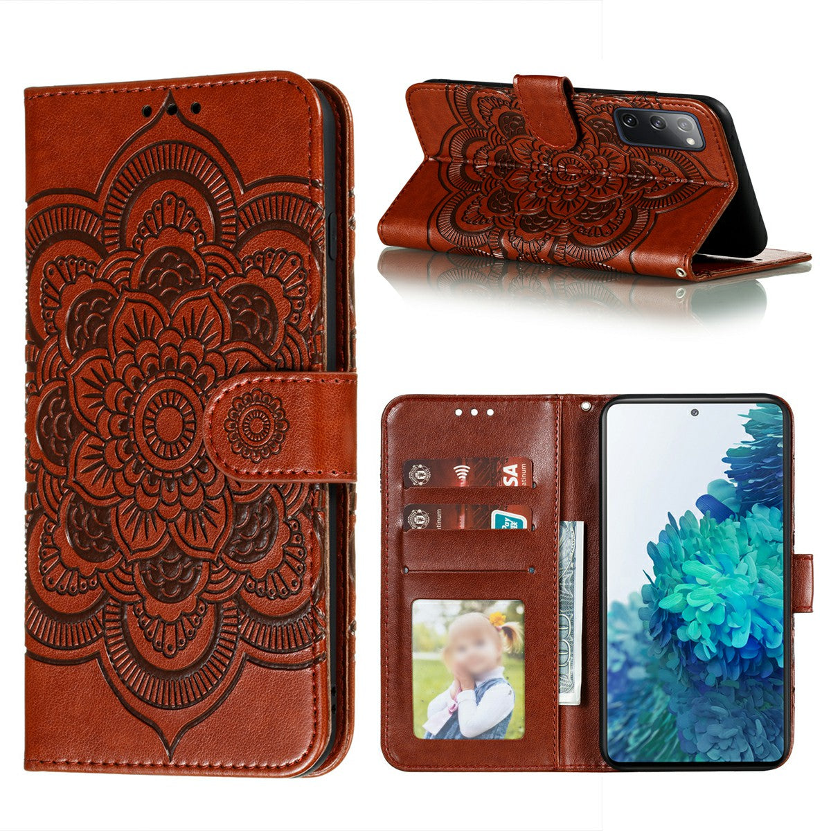 Imprint Mandala Flower Leather Protective Cover for Samsung Galaxy S20 FE/S20 FE 5G/S20 Lite/S20 FE 2022 - Brown