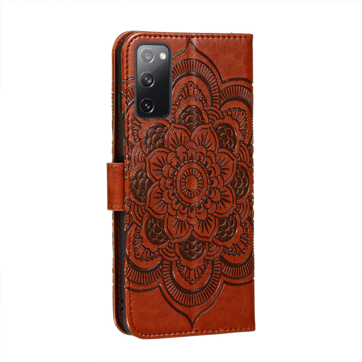 Imprint Mandala Flower Leather Protective Cover for Samsung Galaxy S20 FE/S20 FE 5G/S20 Lite/S20 FE 2022 - Brown