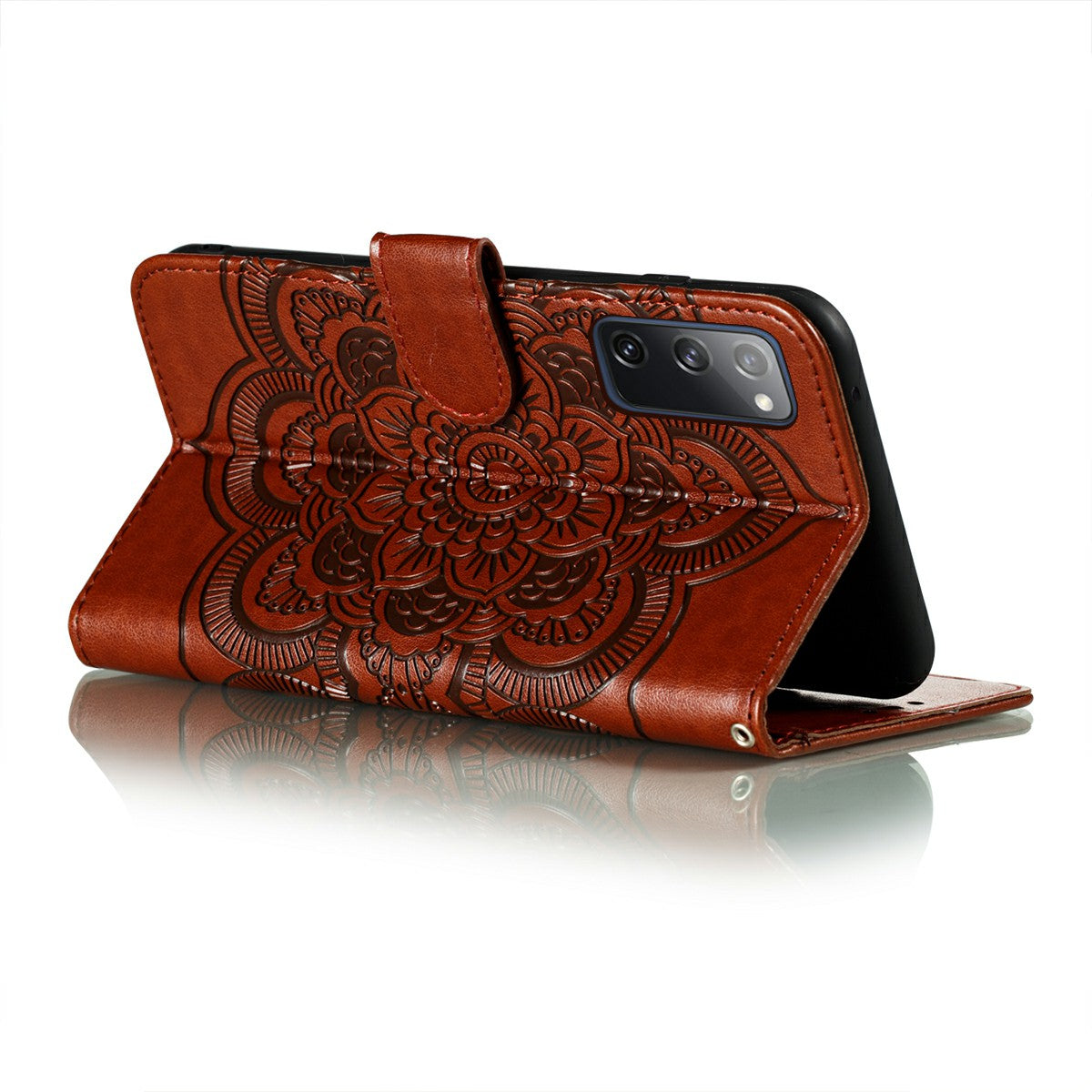 Imprint Mandala Flower Leather Protective Cover for Samsung Galaxy S20 FE/S20 FE 5G/S20 Lite/S20 FE 2022 - Brown