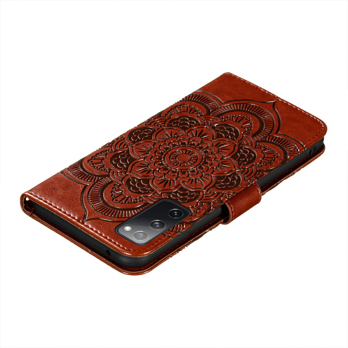 Imprint Mandala Flower Leather Protective Cover for Samsung Galaxy S20 FE/S20 FE 5G/S20 Lite/S20 FE 2022 - Brown