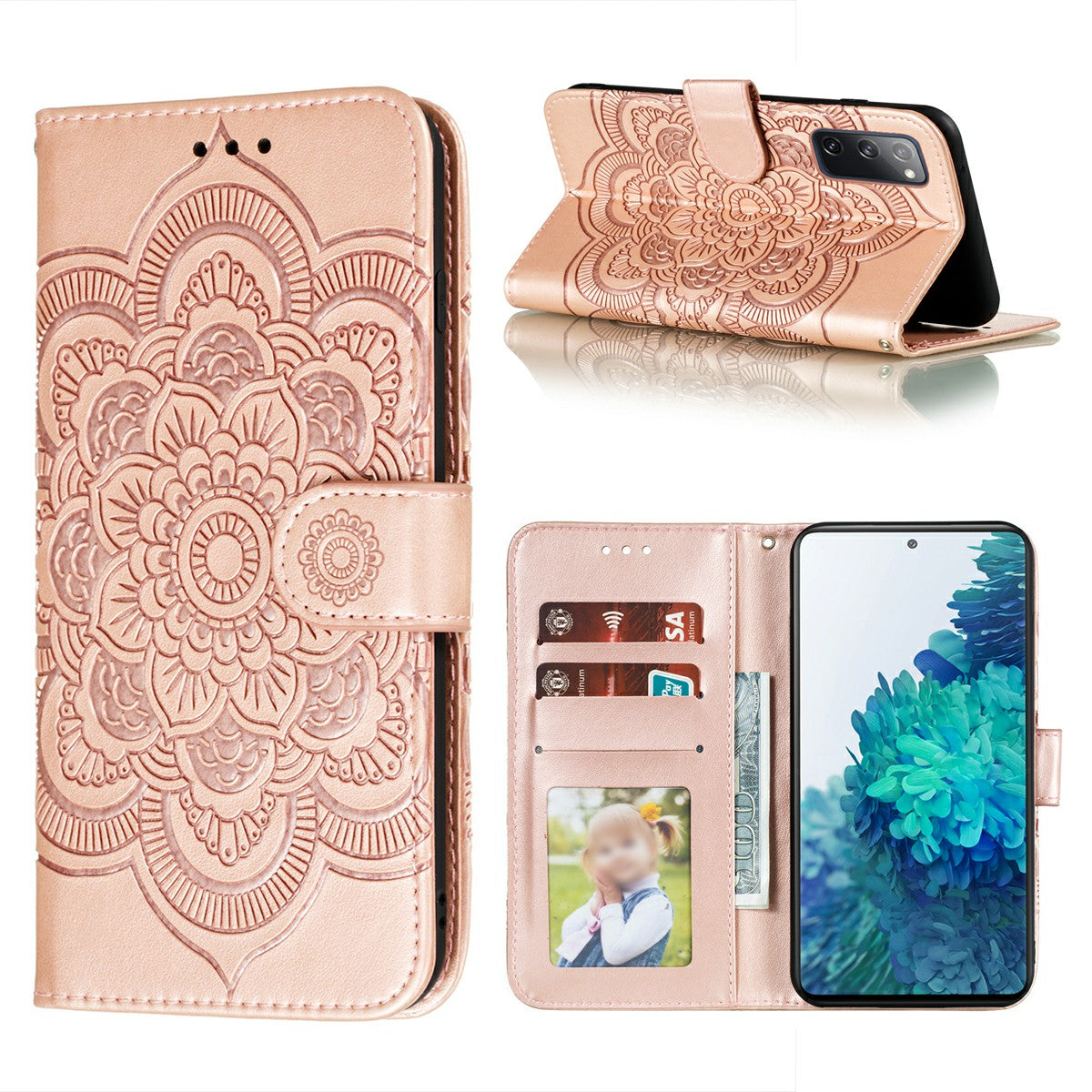 Imprint Mandala Flower Leather Protective Cover for Samsung Galaxy S20 FE/S20 FE 5G/S20 Lite/S20 FE 2022 - Rose Gold