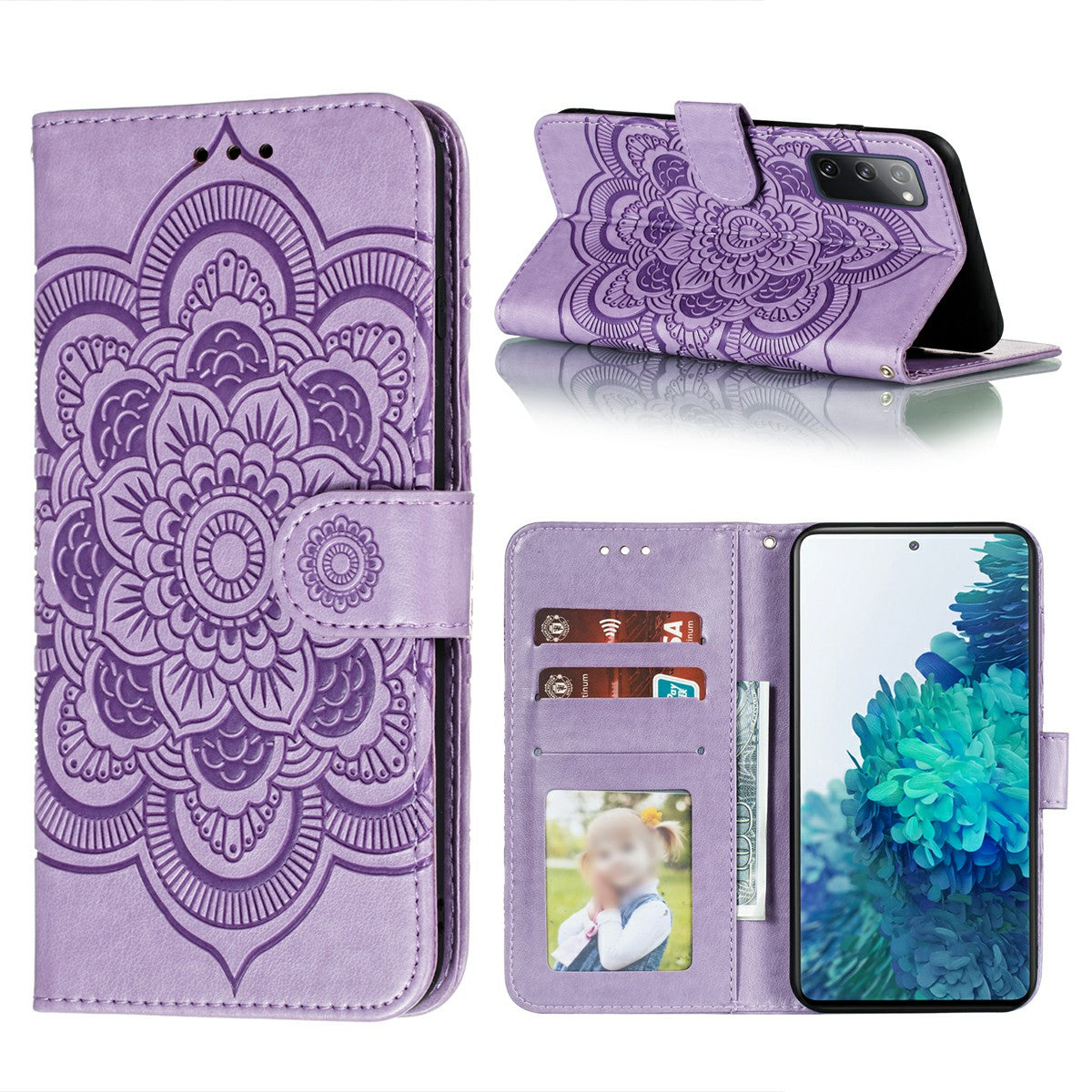 Imprint Mandala Flower Leather Protective Cover for Samsung Galaxy S20 FE/S20 FE 5G/S20 Lite/S20 FE 2022 - Purple