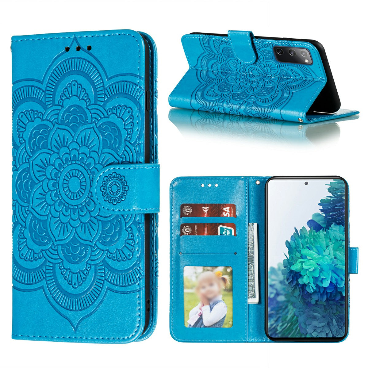 Imprint Mandala Flower Leather Protective Cover for Samsung Galaxy S20 FE/S20 FE 5G/S20 Lite/S20 FE 2022 - Blue