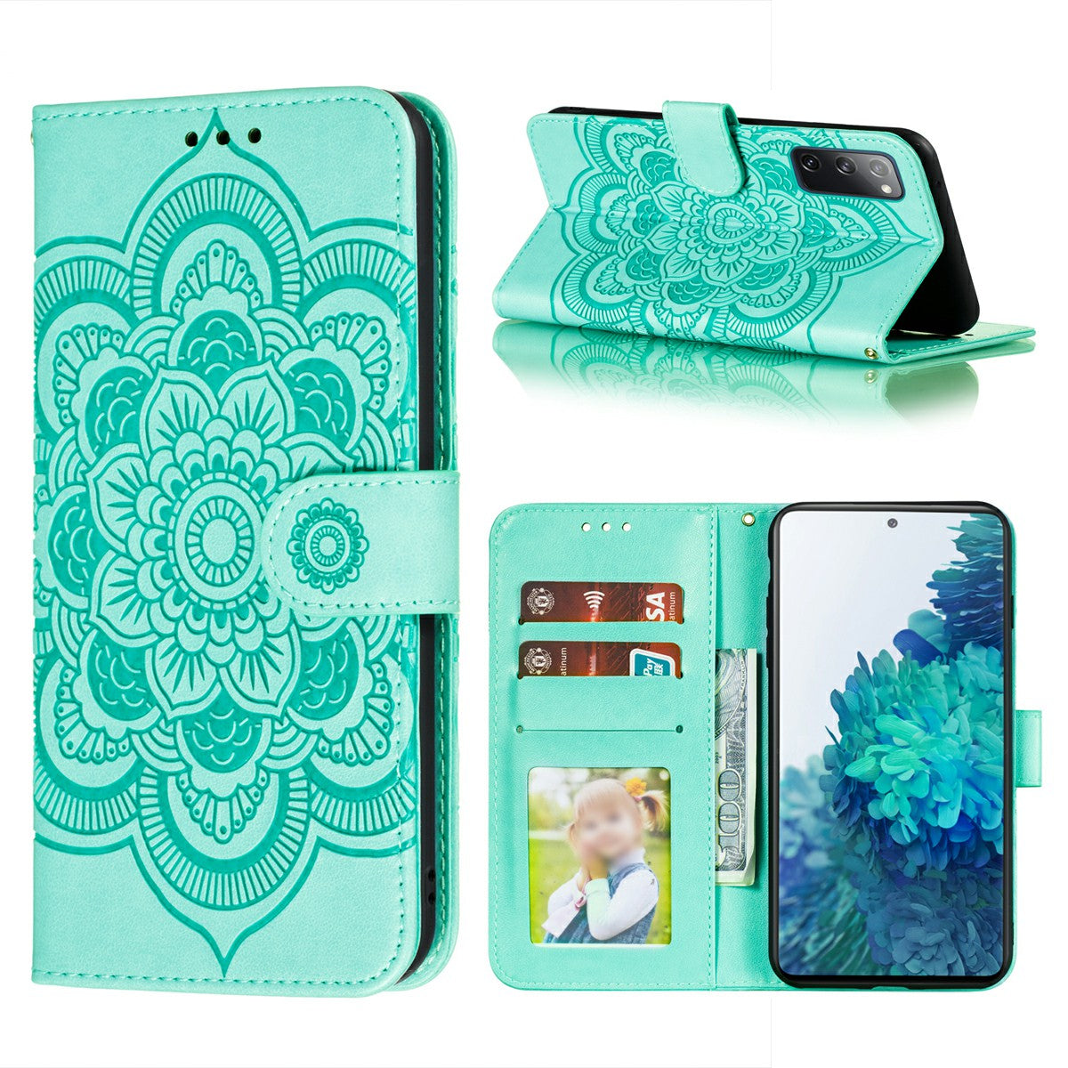 Imprint Mandala Flower Leather Protective Cover for Samsung Galaxy S20 FE/S20 FE 5G/S20 Lite/S20 FE 2022 - Cyan