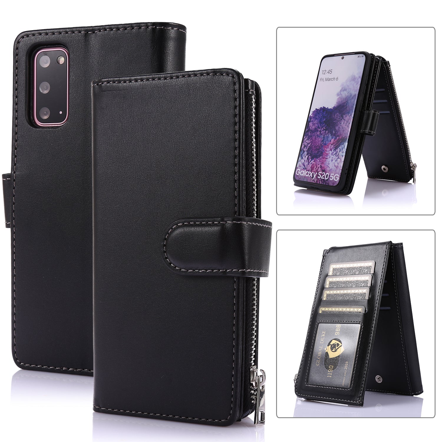 Leather Coated TPU Wallet Phone Stand Case with 9 Card Slots Kickstand Shell for Samsung Galaxy S20 FE 4G/5G/2022/S20 Lite - Black