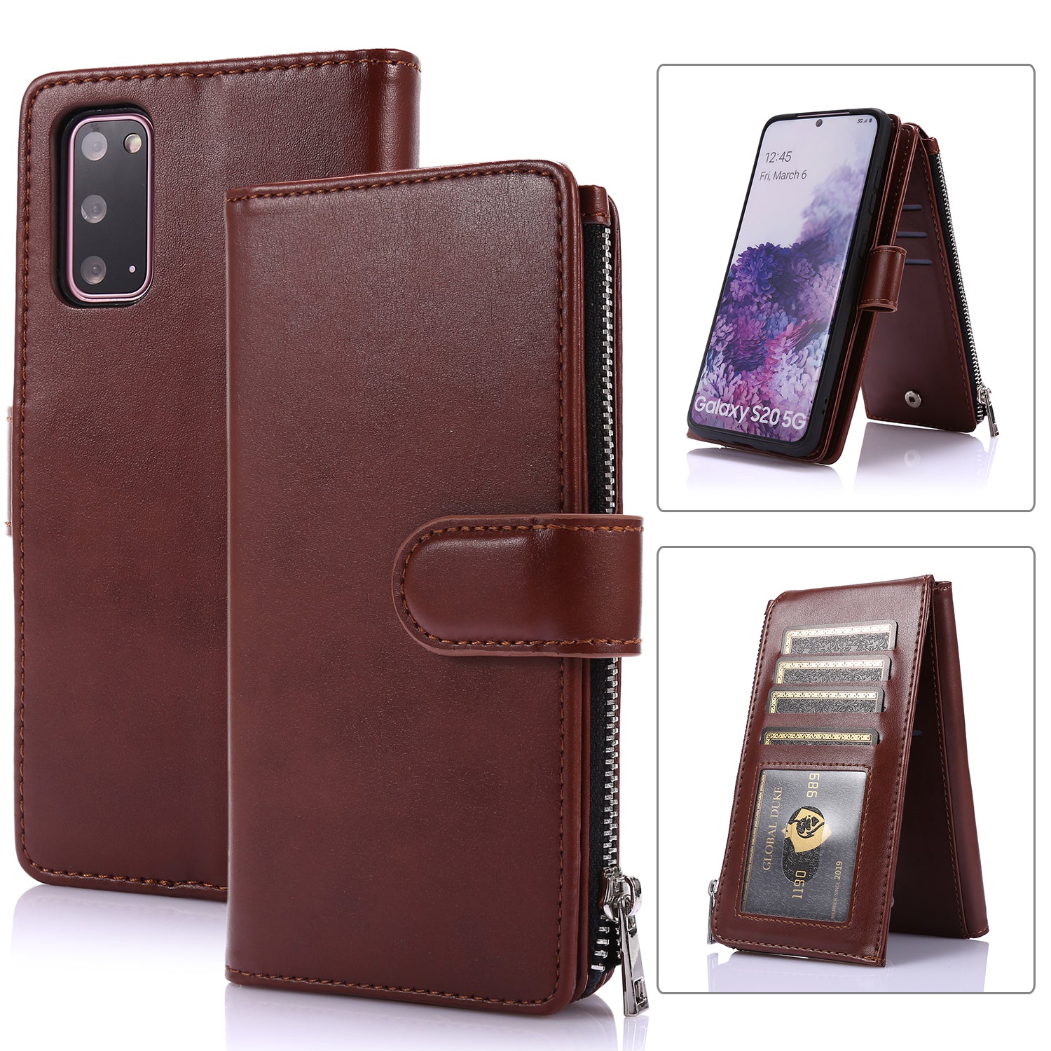 Leather Coated TPU Wallet Phone Stand Case with 9 Card Slots Kickstand Shell for amsung Galaxy S20 FE 4G/5G/2022/S20 Lite - Brown