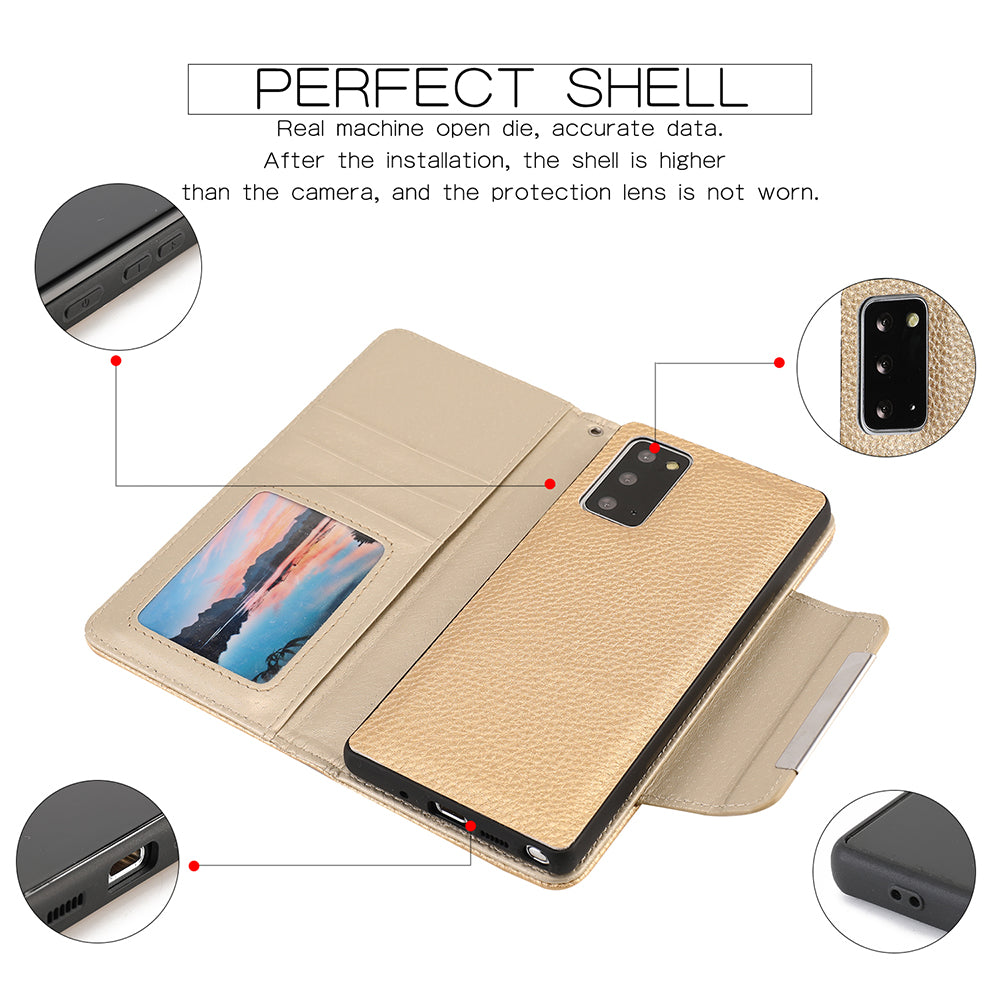 Litchi Texture 2-in-1 Detachable Magnetic Leather Cover Wallet Phone Case for Samsung Galaxy S20 FE / S20 FE 5G / S20 Lite - Gold