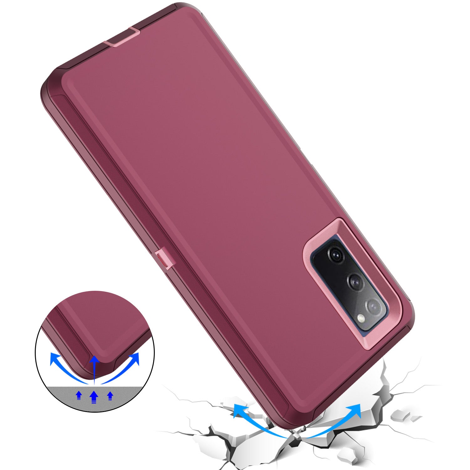 Detachable Shockproof Drop-proof Dust-proof Phone Case for Samsung Galaxy S20 FE/S20 Fan Edition/S20 FE 5G/S20 Fan Edition 5G, PC + TPU Hybrid Cover Shell - Wine Red/Pink