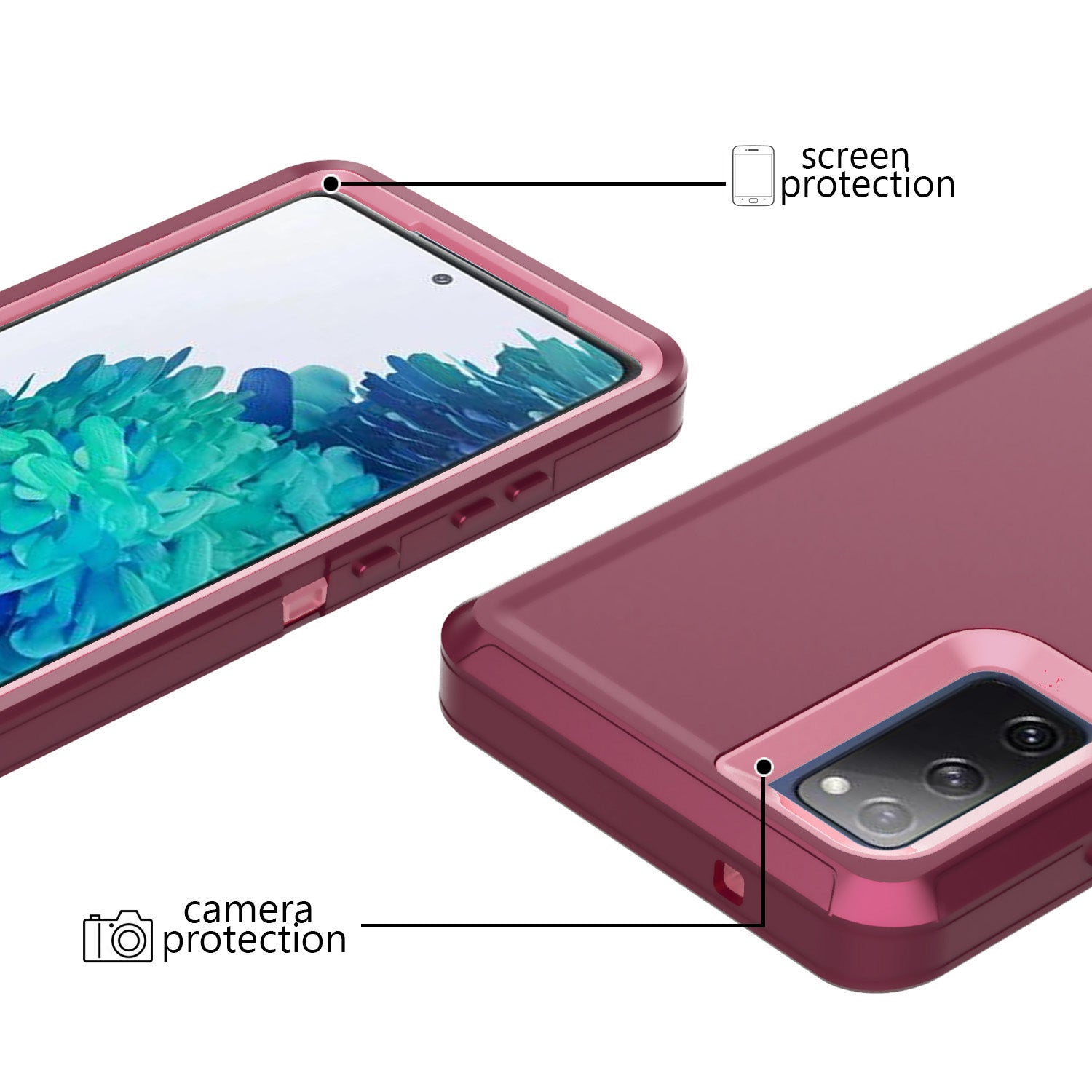 Detachable Shockproof Drop-proof Dust-proof Phone Case for Samsung Galaxy S20 FE/S20 Fan Edition/S20 FE 5G/S20 Fan Edition 5G, PC + TPU Hybrid Cover Shell - Wine Red/Pink