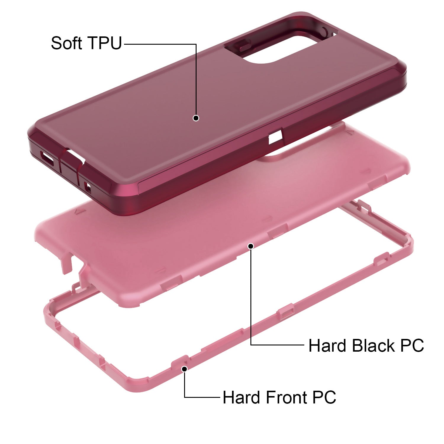 Detachable Shockproof Drop-proof Dust-proof Phone Case for Samsung Galaxy S20 FE/S20 Fan Edition/S20 FE 5G/S20 Fan Edition 5G, PC + TPU Hybrid Cover Shell - Wine Red/Pink