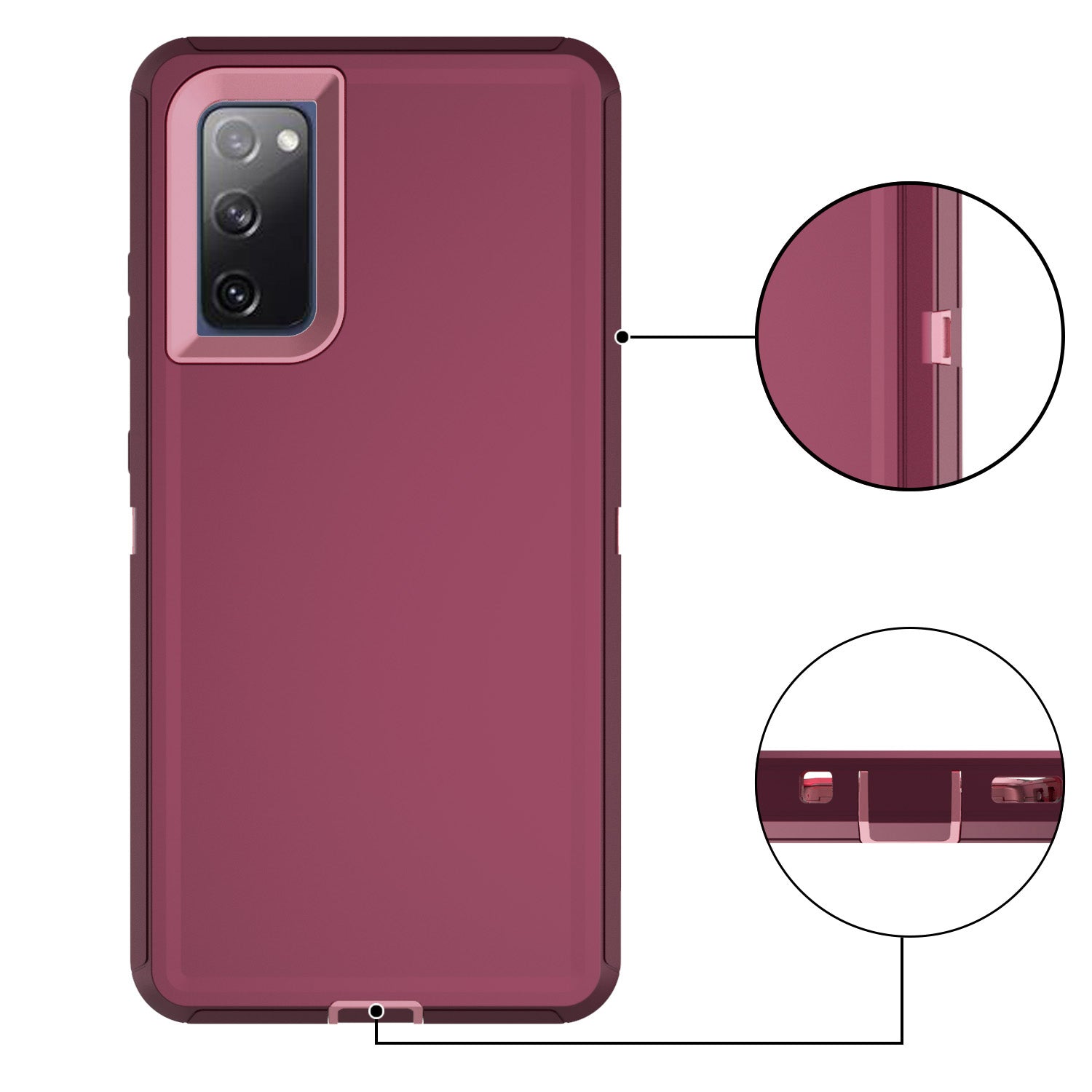 Detachable Shockproof Drop-proof Dust-proof Phone Case for Samsung Galaxy S20 FE/S20 Fan Edition/S20 FE 5G/S20 Fan Edition 5G, PC + TPU Hybrid Cover Shell - Wine Red/Pink