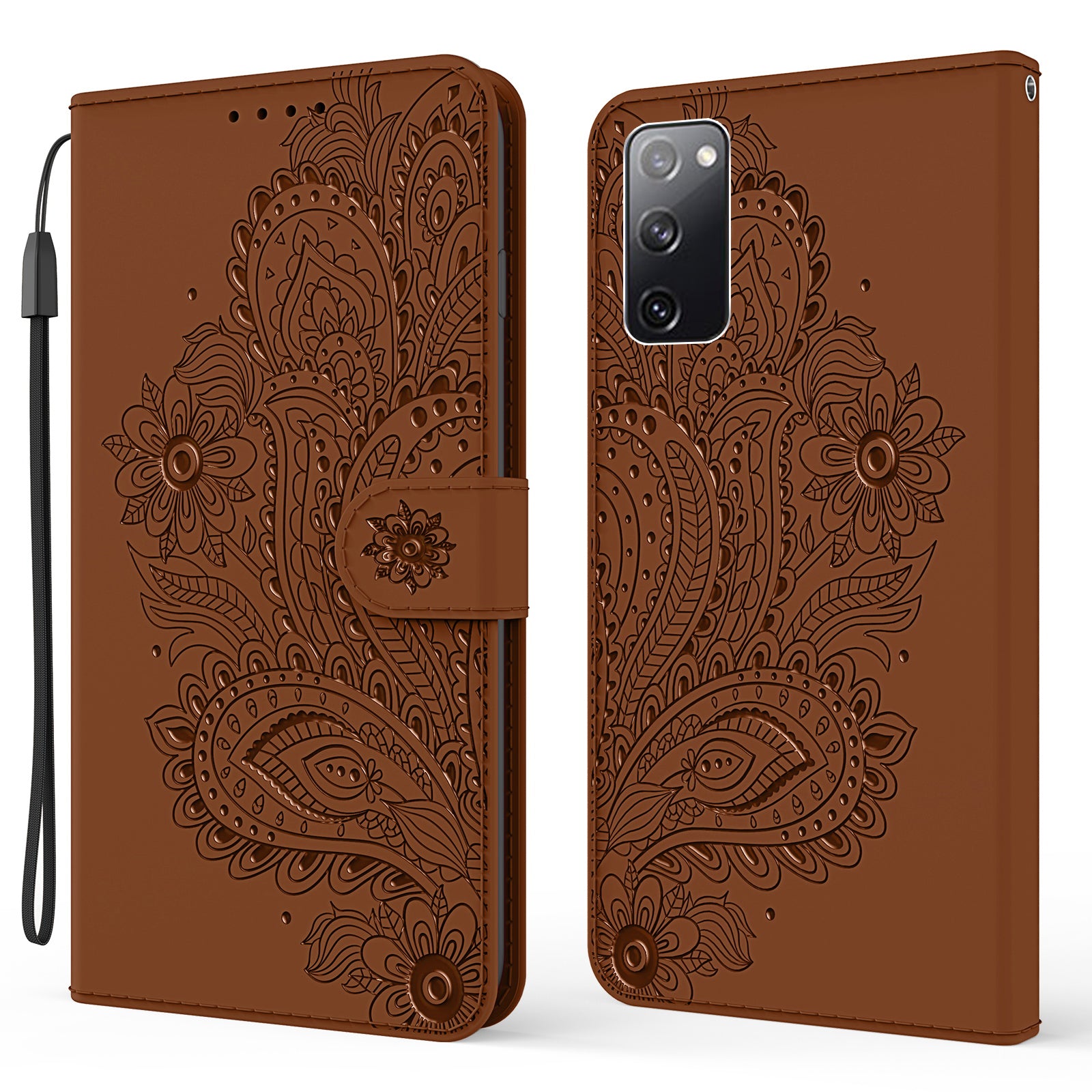 Phoenix Imprinting Leather Wallet Stand Phone Protective Shell for Samsung Galaxy S20 FE/S20 FE 5G/S20 Lite/S20 FE 2022 - Brown