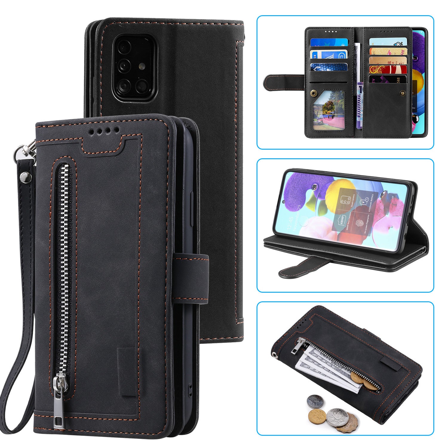 Zipper Pocket 9 Card Slots Leather Wallet Case for Samsung Galaxy S20 FE/S20 FE 5G/S20 Lite/S20 FE 2022 - Black