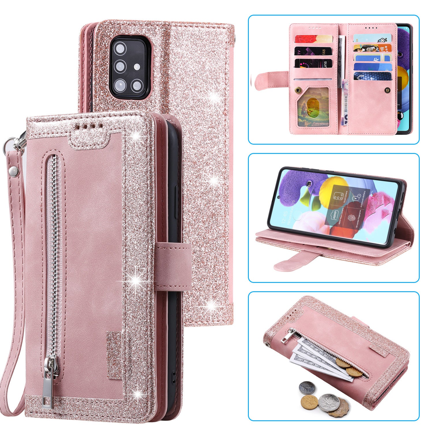 Zipper Pocket 9 Card Slots Leather Wallet Case for Samsung Galaxy S20 FE/S20 FE 5G/S20 Lite/S20 FE 2022 - Rose Gold