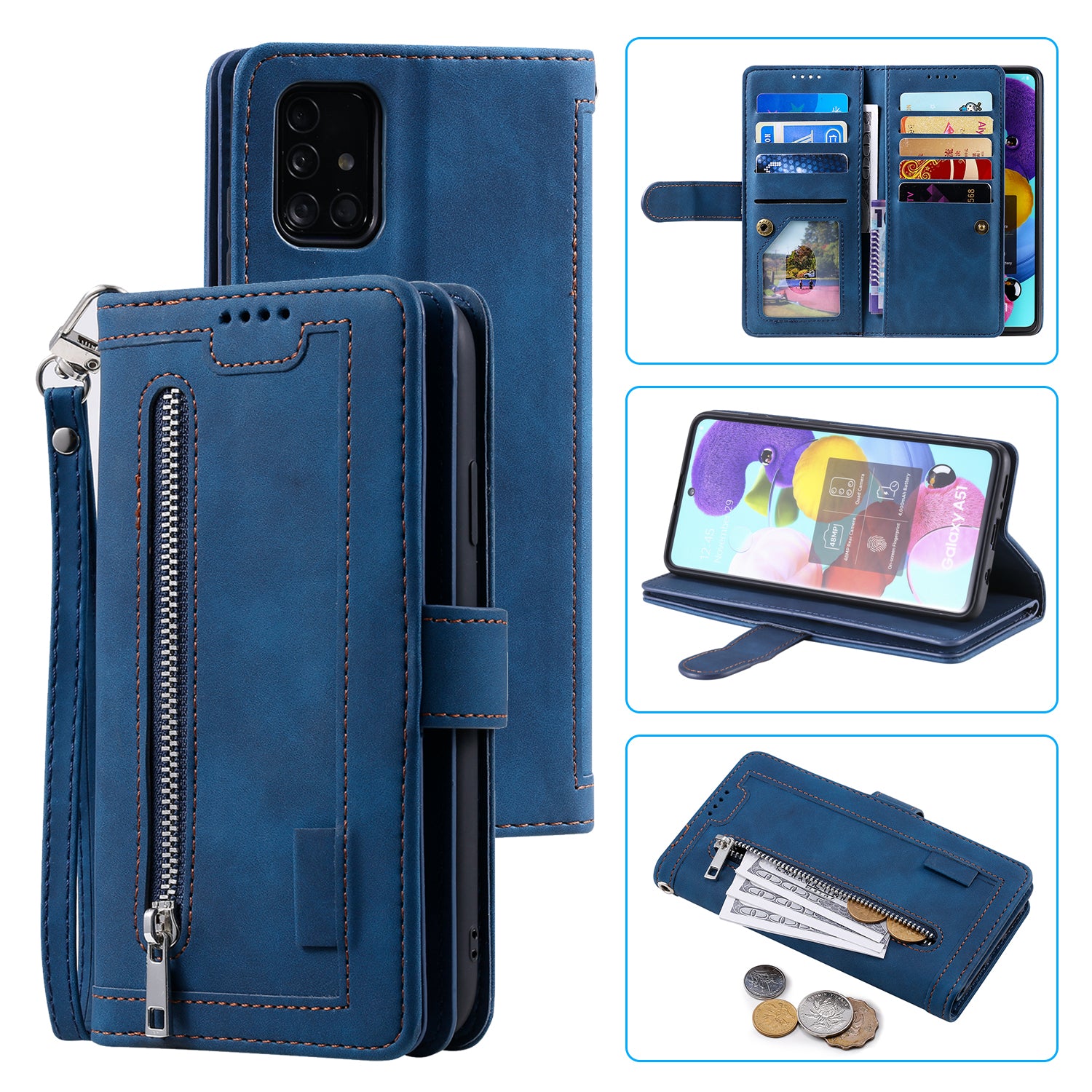 Zipper Pocket 9 Card Slots Leather Wallet Case for Samsung Galaxy S20 FE/S20 FE 5G/S20 Lite/S20 FE 2022 - Blue