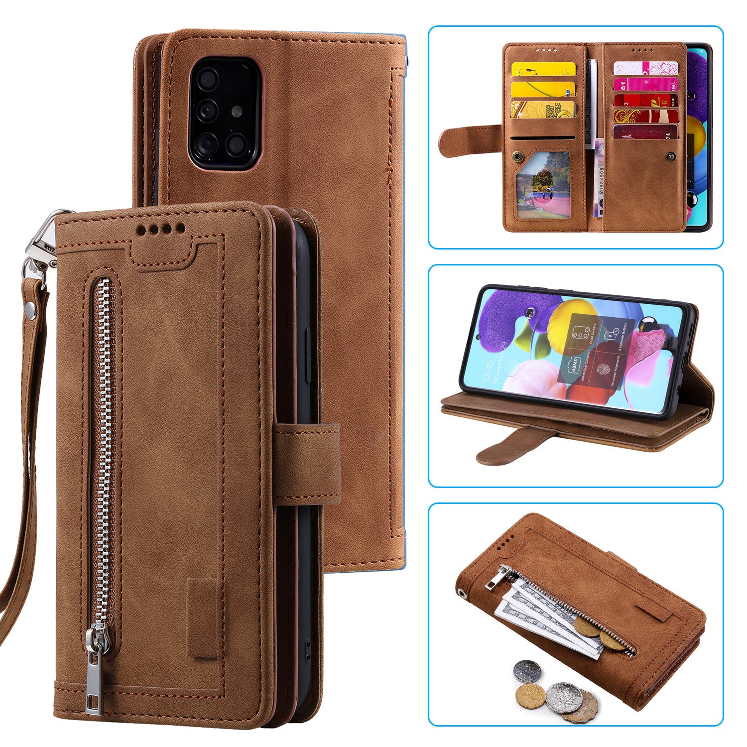 Zipper Pocket 9 Card Slots Leather Wallet Case for Samsung Galaxy S20 FE/S20 FE 5G/S20 Lite/S20 FE 2022 - Brown