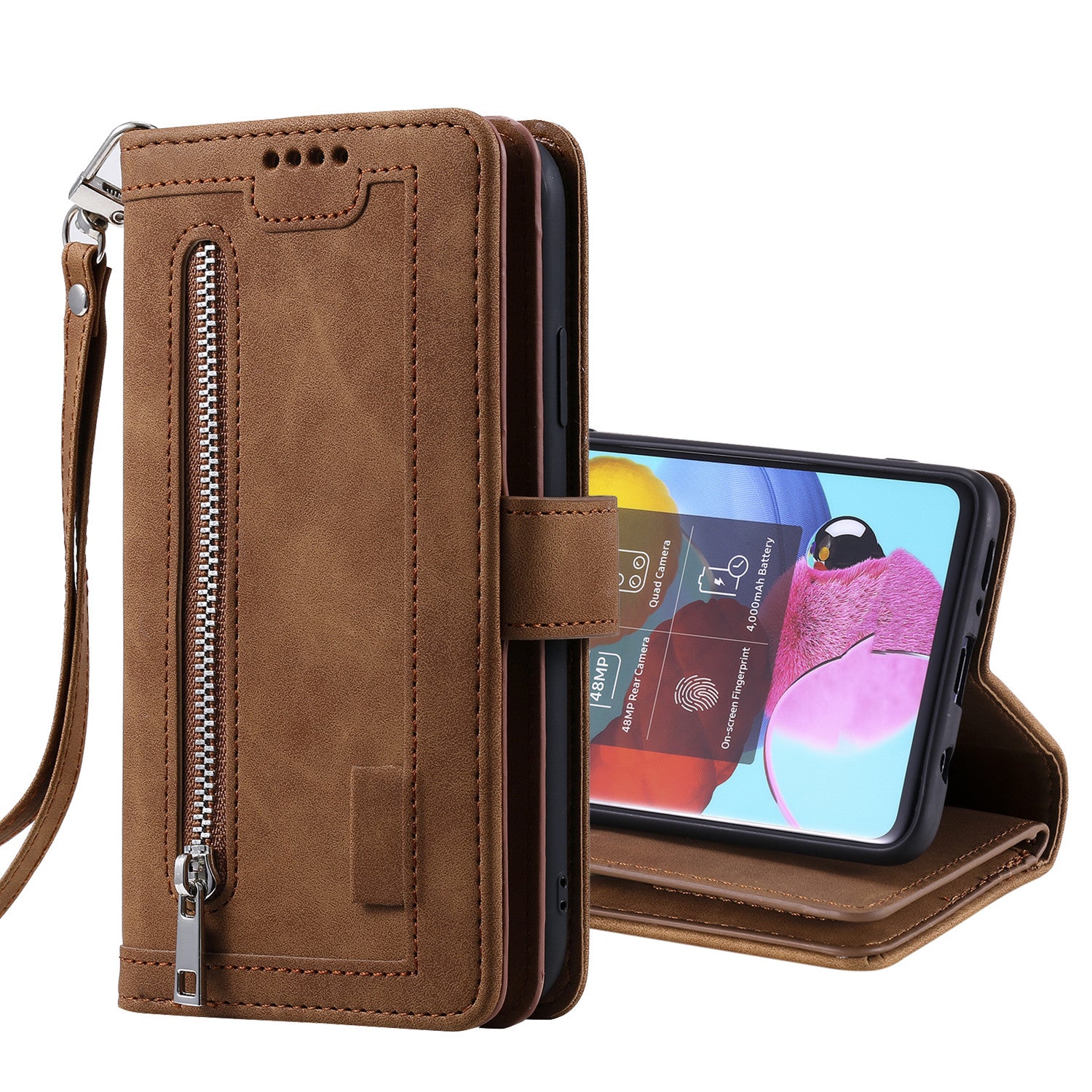 Zipper Pocket 9 Card Slots Leather Wallet Case for Samsung Galaxy S20 FE/S20 FE 5G/S20 Lite/S20 FE 2022 - Brown