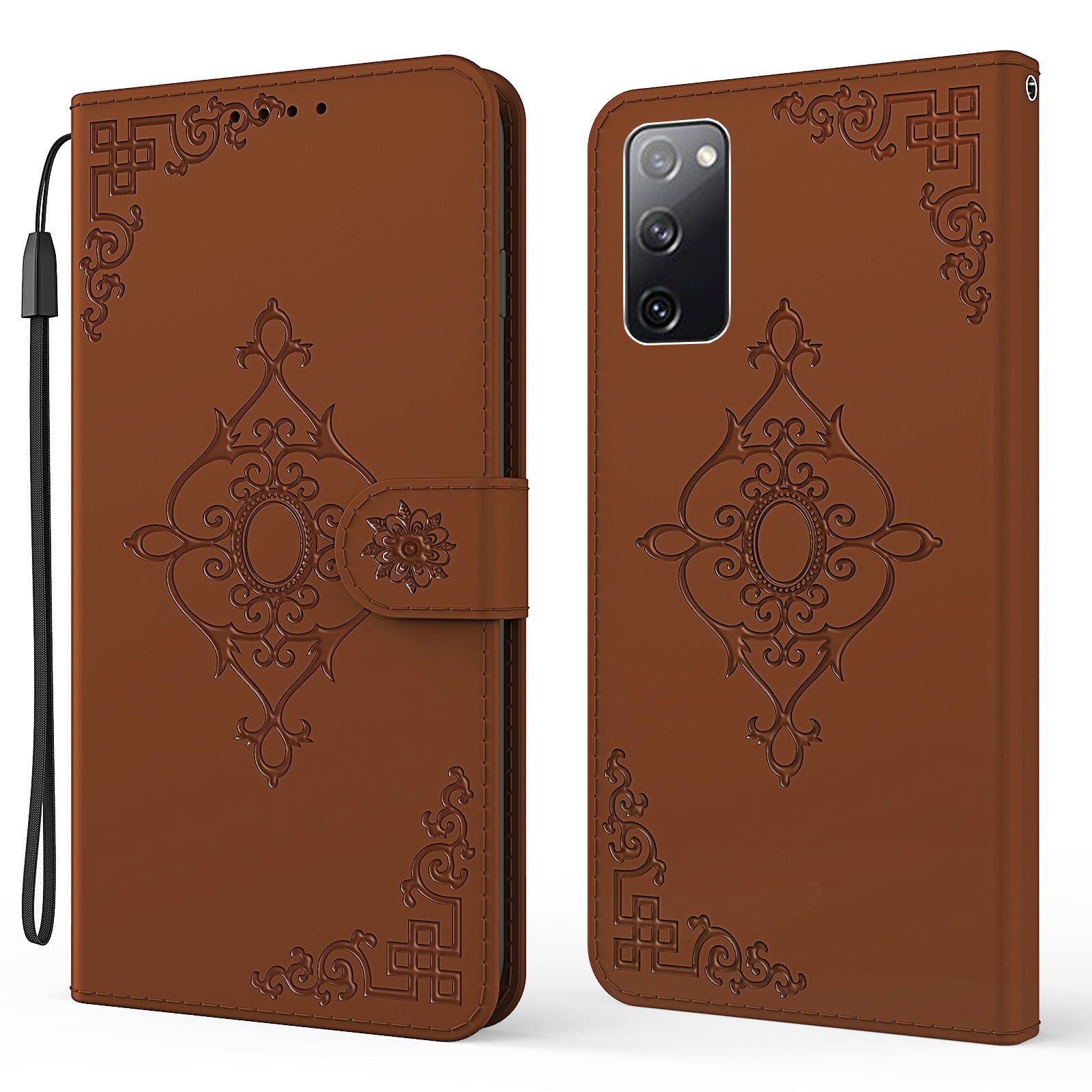 Symmetrical Pattern Imprinting Wallet Leather Phone Stand Protector for Samsung Galaxy S20 FE/S20 Fan Edition/S20 FE 5G/S20 Fan Edition 5G - Brown